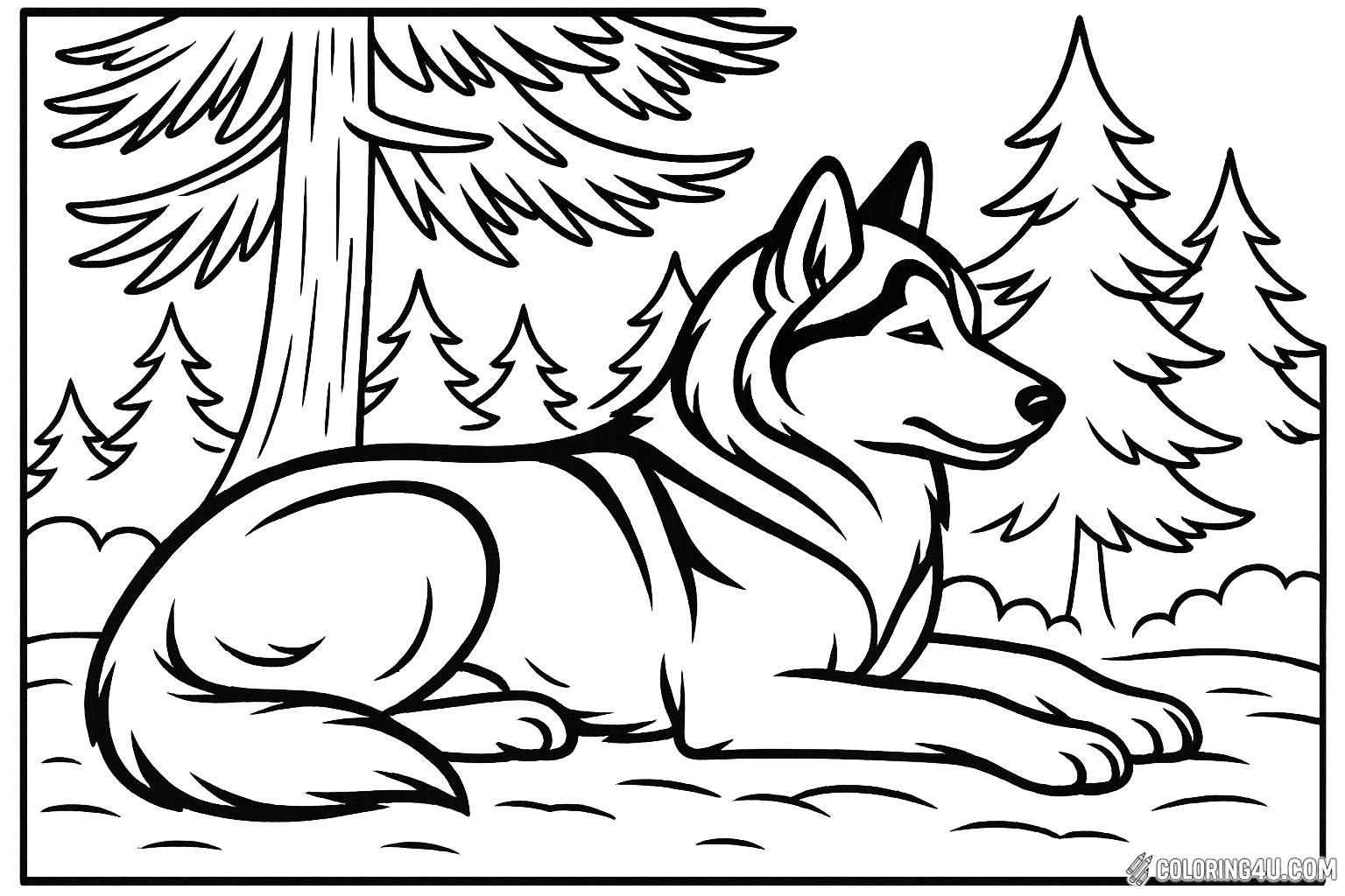 A serene husky rests peacefully under a tall pine tree, surrounded by a tranquil forest scene. Its thick fur and striking features invite vibrant colors, while the gentle sway of nearby trees adds a calming backdrop. Kids can bring this cozy moment to life with their favorite shades, imagining the cool breeze and the sounds of nature all around.
