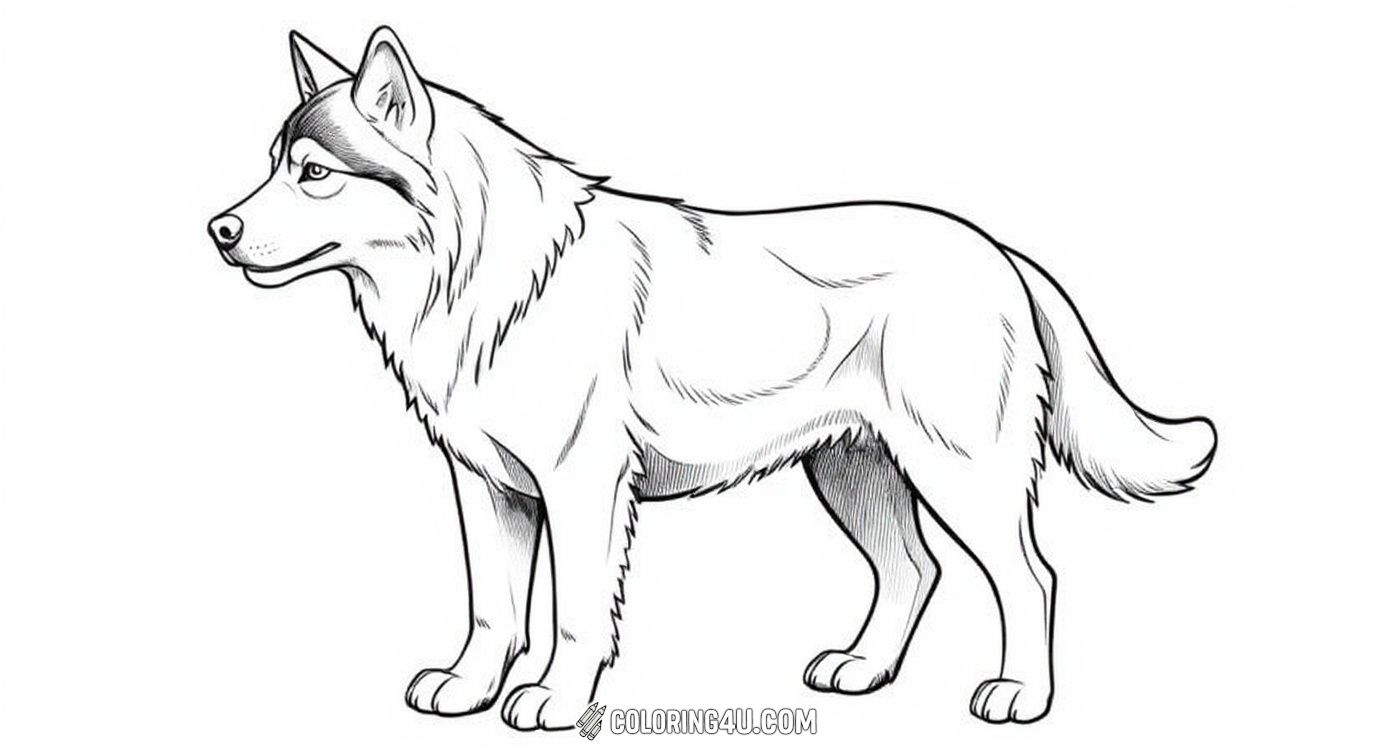 This coloring page features a realistic husky dog standing proudly with a happy expression. Kids can enjoy bringing this intelligent and friendly dog to life with their favorite colors, exploring details in its fluffy fur and alert ears.