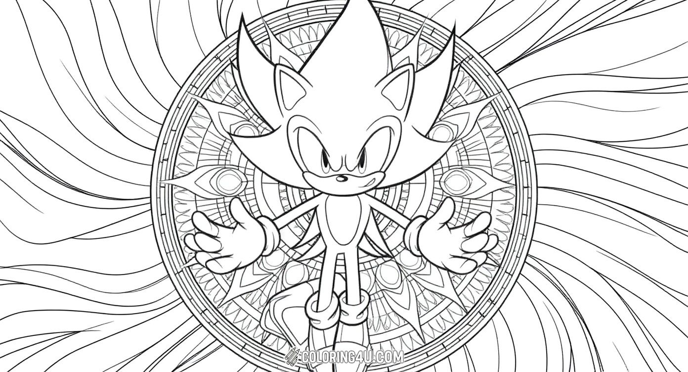 This exciting coloring page features Dark Sonic from the Sonic the Hedgehog series, standing confidently with an intricate mandala pattern behind him. Kids can enjoy bringing this powerful character to life with vivid colors while exploring the detailed background full of swirling and geometric shapes.