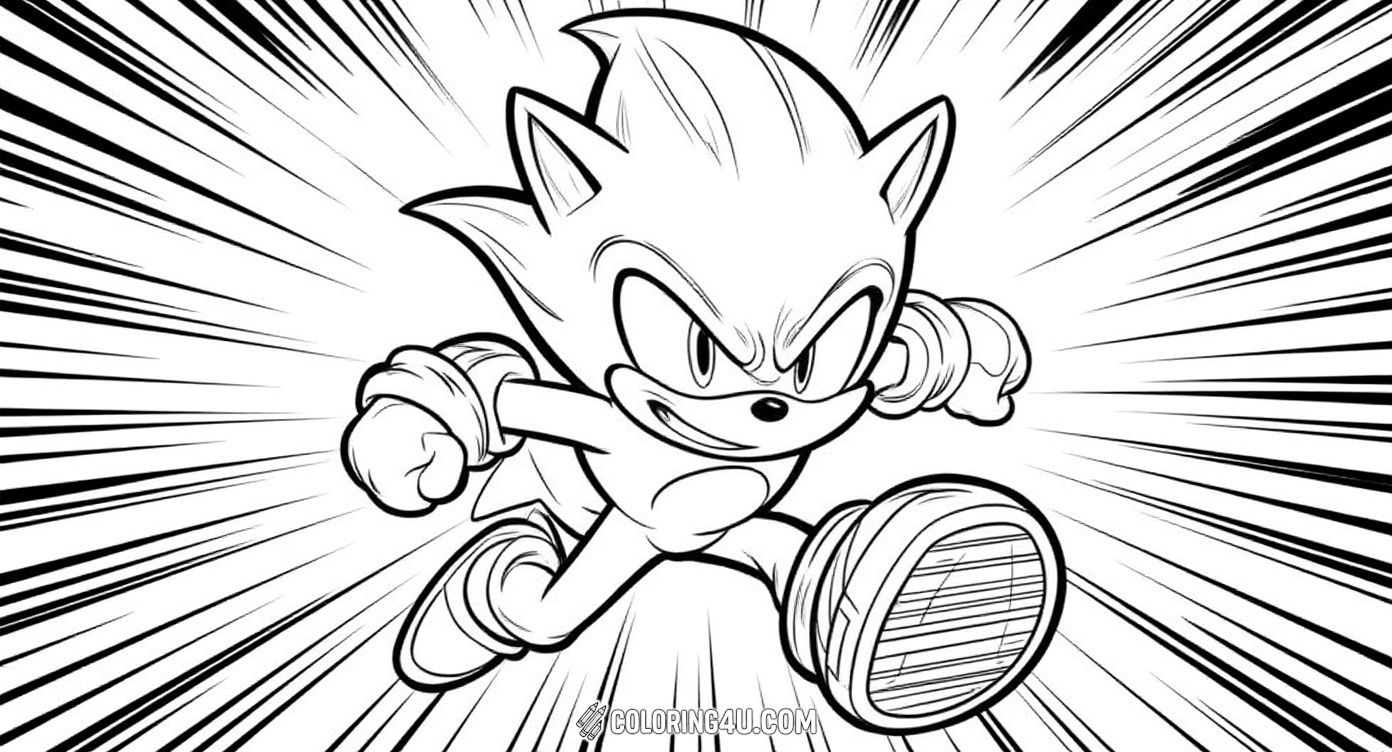 Get ready for speed with this dynamic coloring page showing Hyper Sonic in an intense running pose, bursting forward with fierce determination. Kids will love giving life to this fast-moving character surrounded by energetic speed lines that emphasize his incredible pace and power.