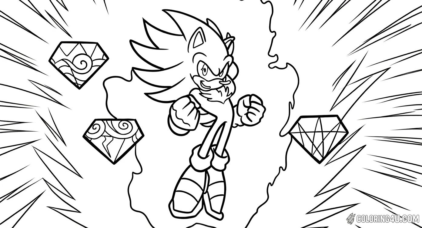 Color this thrilling image of Hyper Sonic surrounded by glowing Super Emeralds, showcasing his incredible power from the Sonic the Hedgehog series. The energetic lines and fierce expression invite kids to imagine the strength and magic that come with these rare emeralds while adding their own creative touch with colorful shades.