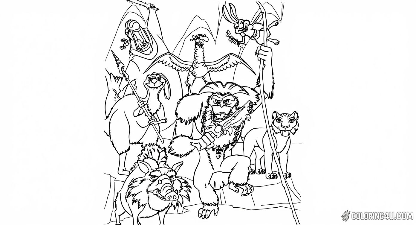 Discover a wild tribe of Ice Age characters including cavemen, animals, and birds ready for action! This detailed coloring page invites kids to add color to each unique character, including the strong cavemen warriors holding spears and their animal friends, making it a perfect ice age adventure scene to brighten up.