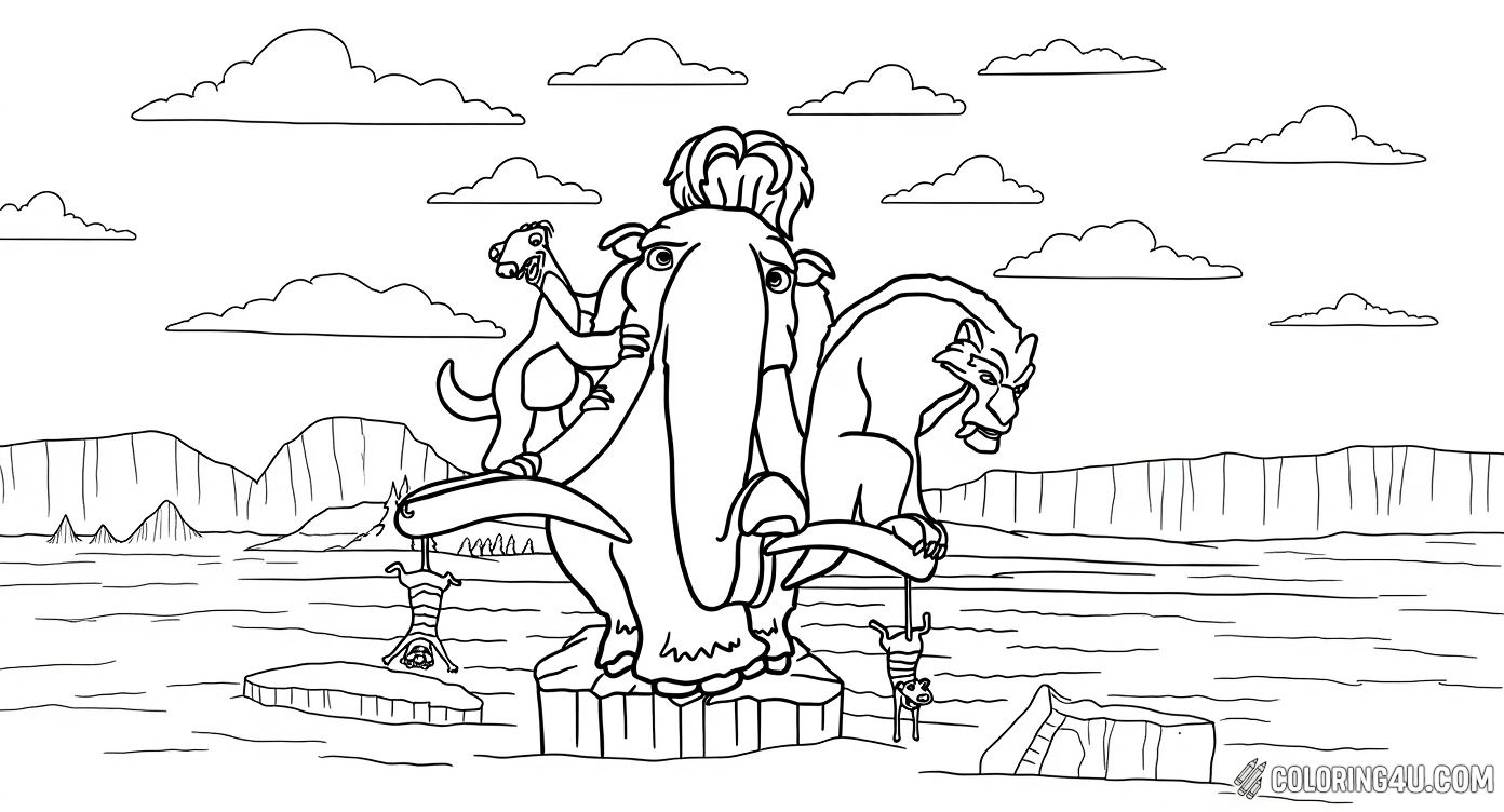 Join Manny the mammoth, Sid the sloth, and Diego the saber-toothed tiger on an exciting icy adventure! This coloring page shows these beloved Ice Age characters standing together on an iceberg with fun clouds and a snowy landscape that kids can bring to life with their favorite colors.