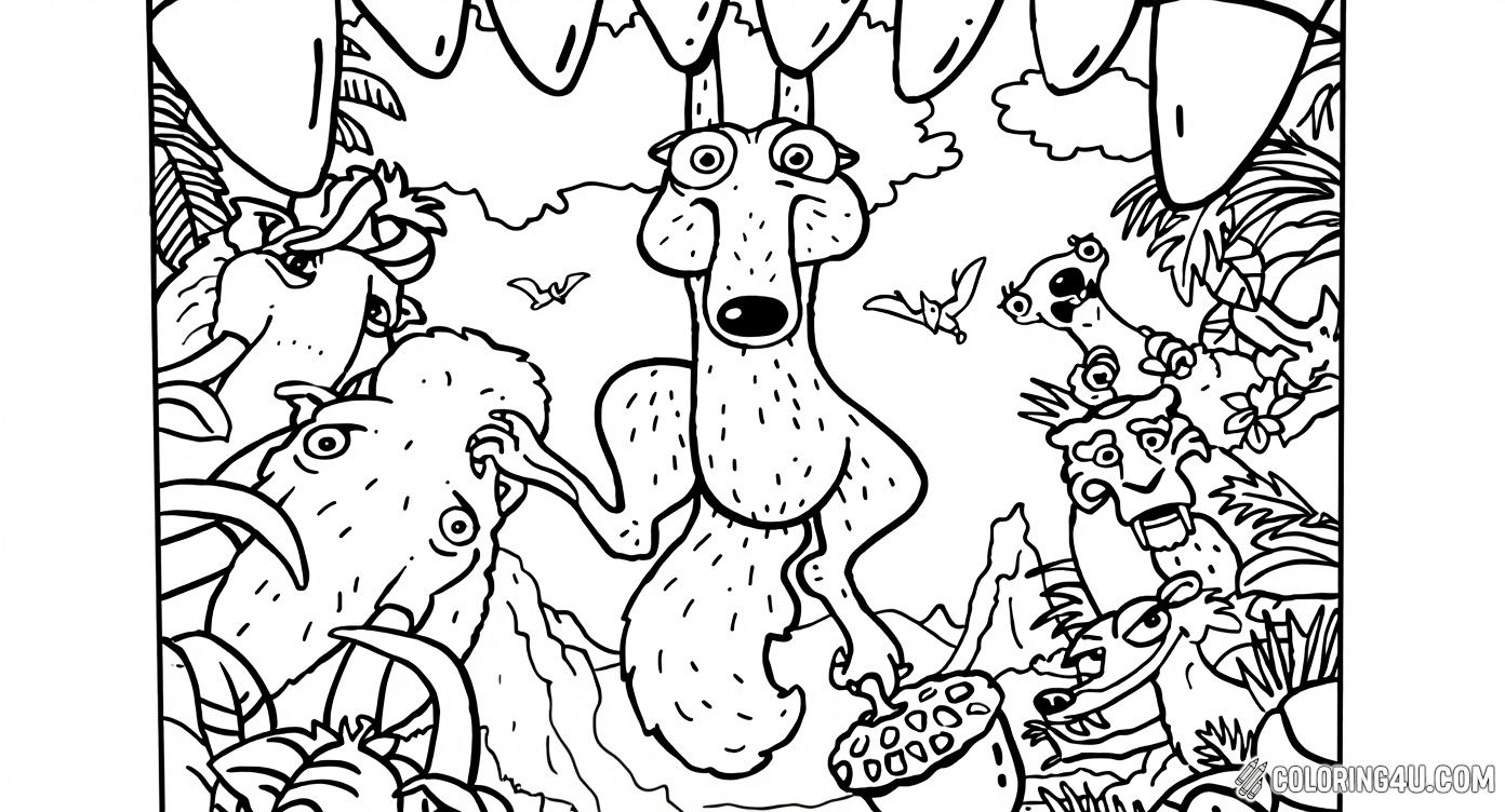Get ready to color Scrat, the funniest squirrel from Ice Age, as he tries to protect his precious acorn! This lively coloring page captures Scrat surrounded by the sharp teeth of a bigger creature, creating a thrilling and hilarious moment that kids will love to fill with vibrant colors.