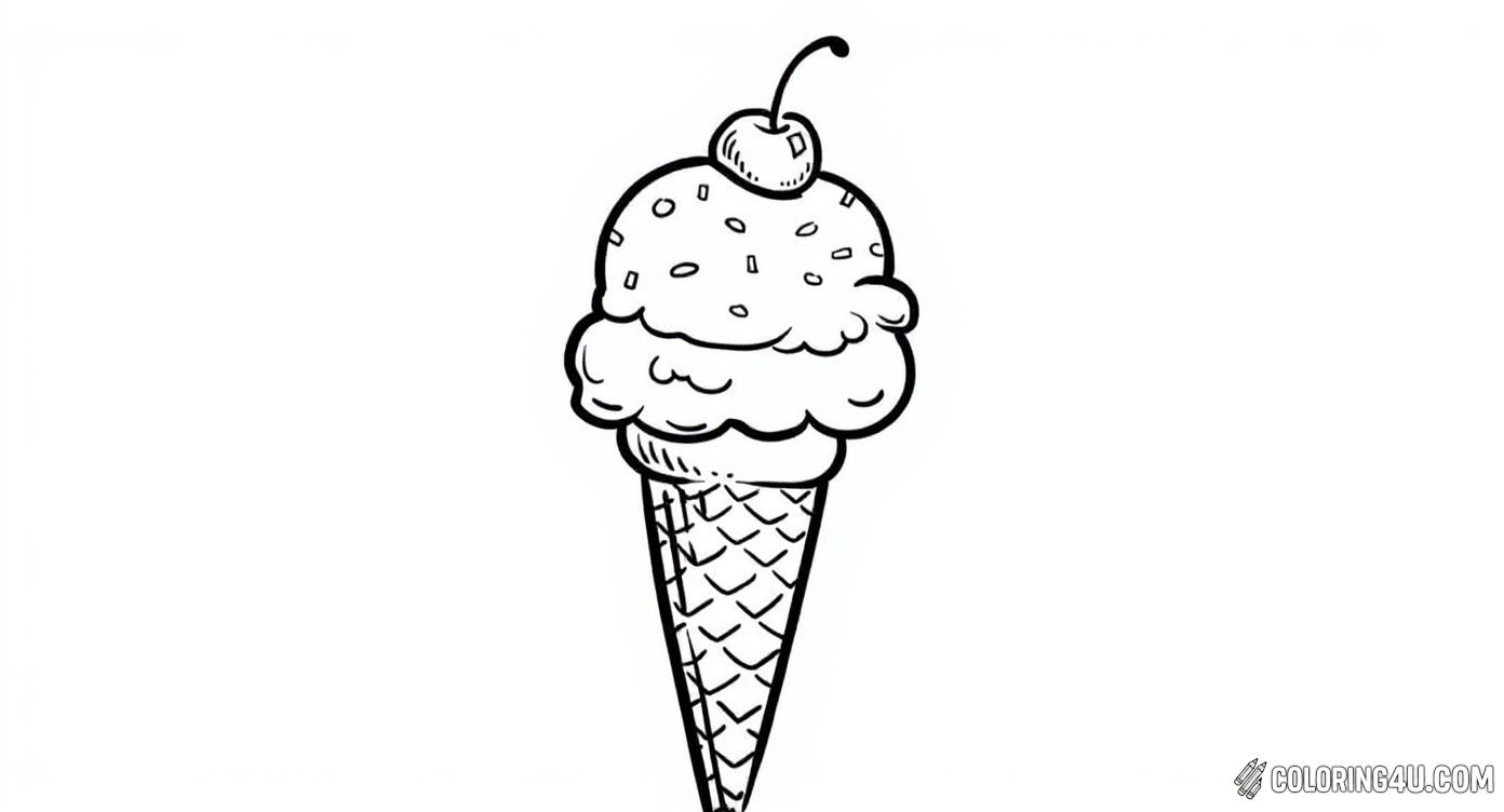 A charming coloring page showcasing a classic ice cream cone with a generous scoop of ice cream topped with sprinkles and a bright cherry. The cone has a detailed waffle pattern, inviting kids to bring it to life with vibrant colors. This simple yet irresistible ice cream treat sparks creativity and sweet daydreams for young artists.