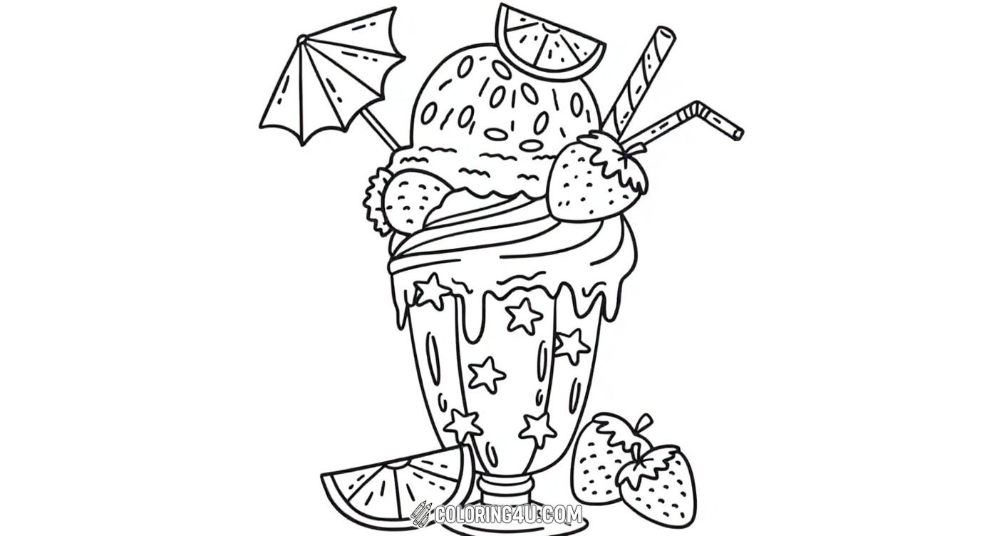 This charming coloring page presents a fancy ice cream sundae decorated with strawberries, orange slices, a cute paper umbrella, and a straw. Kids can have a blast coloring this rich and fruity dessert scene with bright and fun colors.