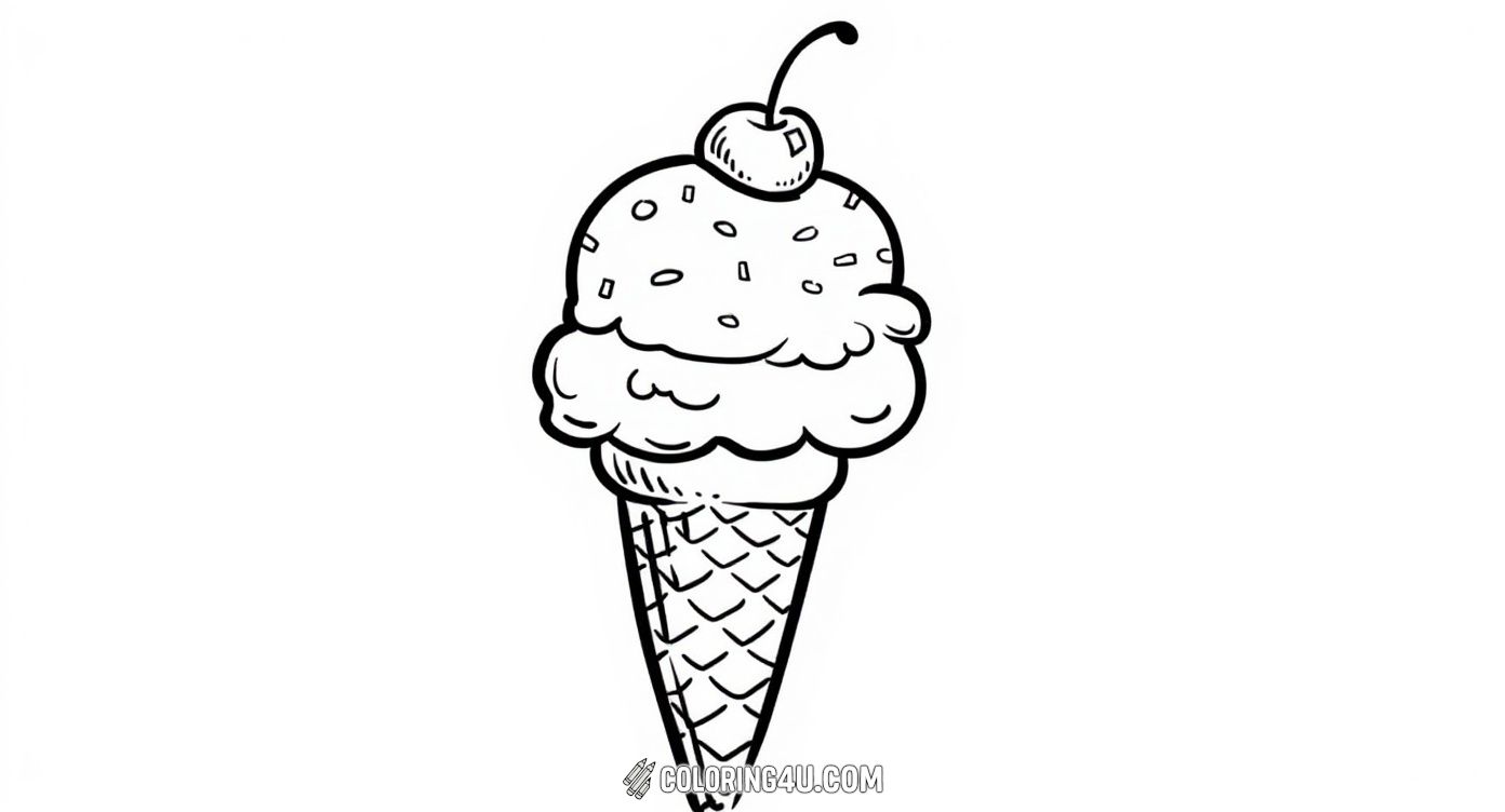 This delightful coloring page features a classic ice cream cone topped with a scoop of ice cream, colorful sprinkles, and a cherry on top. Kids will love bringing this tasty treat to life with bright colors and creative flair.