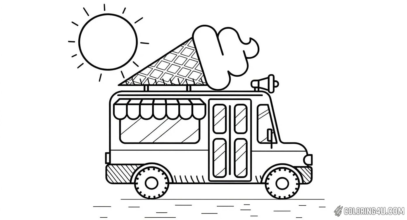 This playful coloring page shows an ice cream truck with a giant ice cream cone on its roof, ready to spread joy on a sunny day. Musical notes float in the air, hinting at the cheerful tunes the truck plays as it drives around. With a shining sun and fluffy clouds overhead, kids can color this lively scene and imagine the excitement of a perfect ice cream outing.