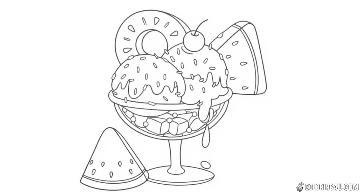 This delightful coloring page features a bowl filled with two scoops of ice cream topped with sprinkles and a cherry. Surrounding the bowl are slices of tropical fruits like kiwi and watermelon, adding a fresh and fruity vibe to this tasty treat. Kids can have fun coloring the creamy scoops, juicy fruits, and playful sprinkles while imagining a sweet summer dessert.