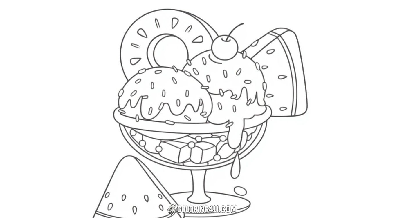 Enjoy this fun coloring page showing two delicious scoops of ice cream in a fancy glass bowl, surrounded by tropical fruits like kiwi and watermelon. It's a perfect opportunity for kids to explore vibrant colors and imagine a tropical dessert adventure.