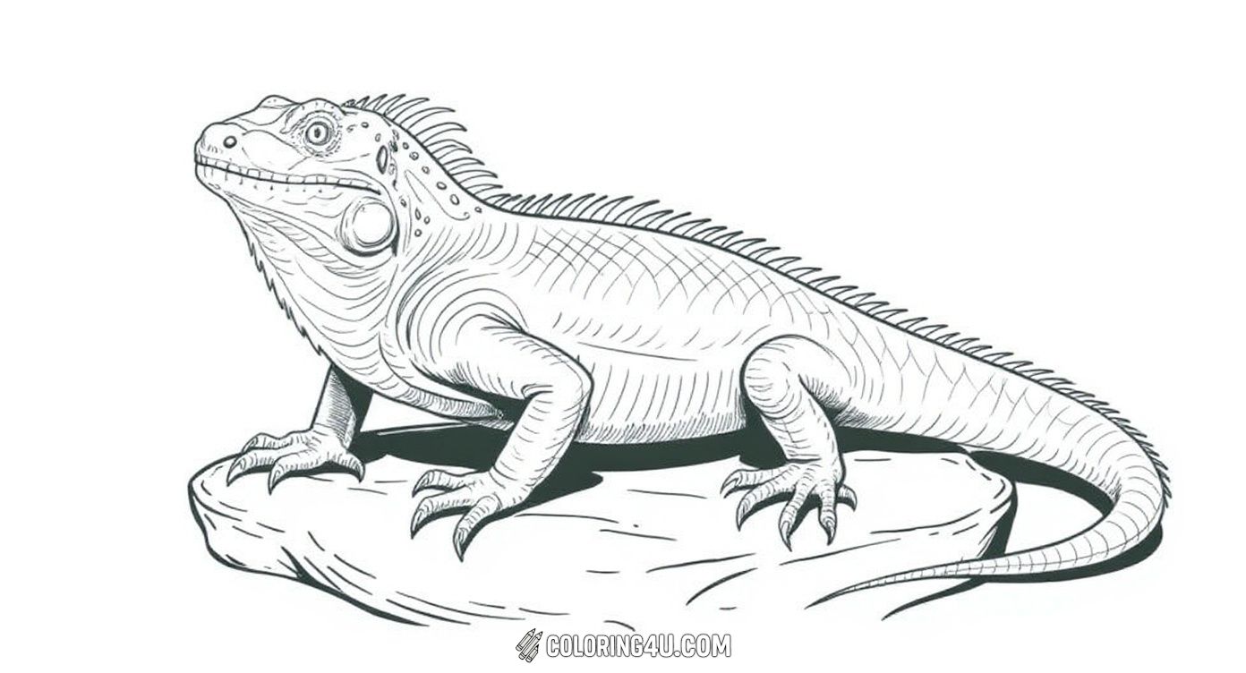 Discover the intricate design of an adult iguana resting on smooth stones in this detailed coloring page. Kids can enjoy bringing this realistic iguana to life with their favorite colors while exploring nature’s beauty.