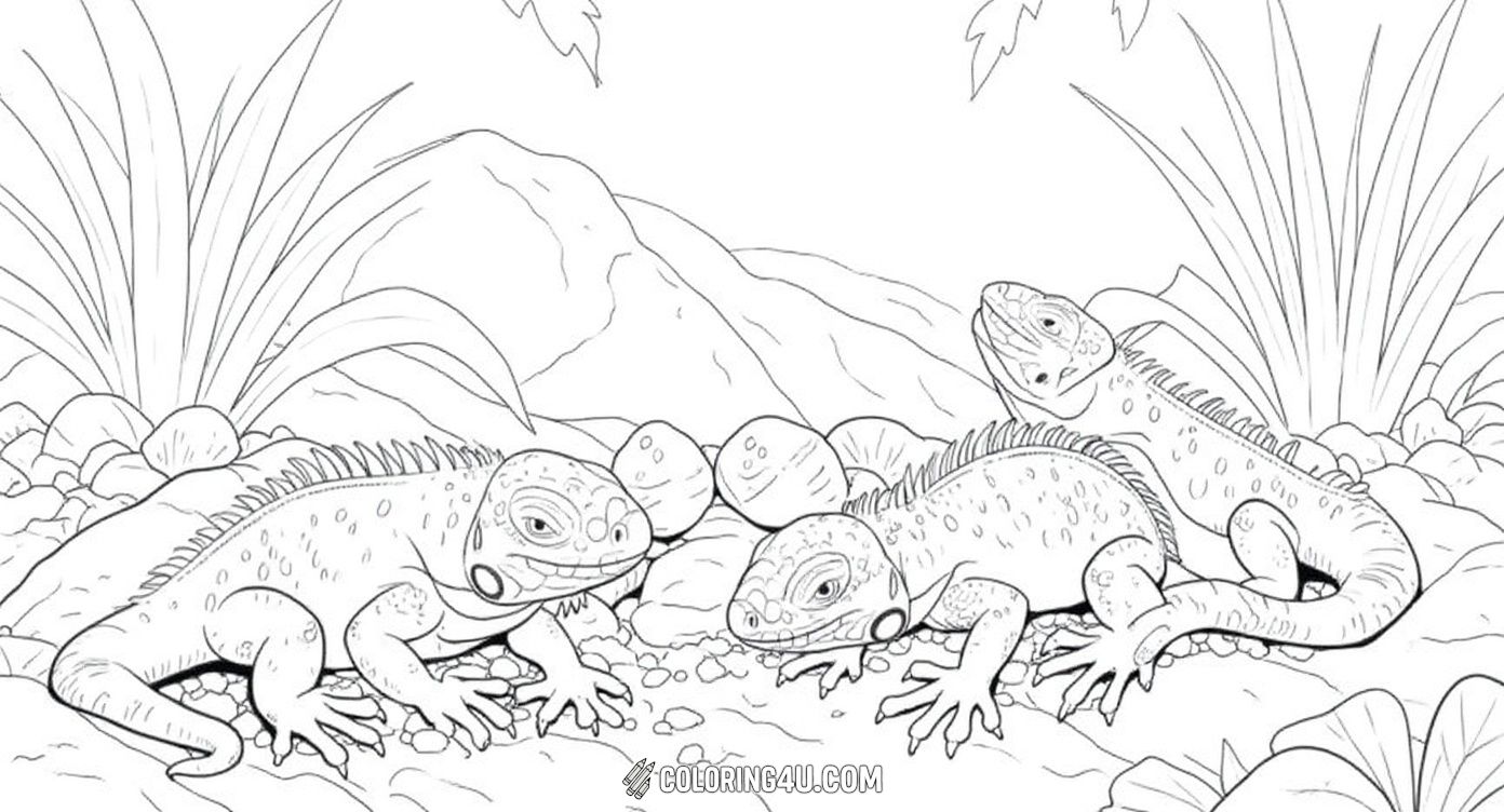 Color a charming scene of baby iguanas hatching and exploring their natural habitat filled with rocks and plants. This lively coloring page invites kids to enjoy the joy of new life and the fun of nature's small creatures.