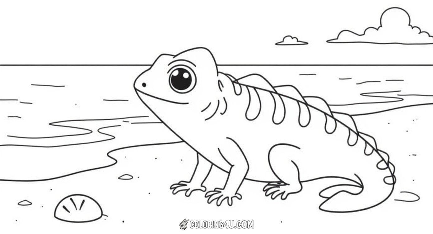 This adorable coloring page shows a cute iguana on a beach holding a seashell with the ocean and palm trees in the background. Perfect for kids to color a fun beach scene while exploring the unique look of this friendly iguana.