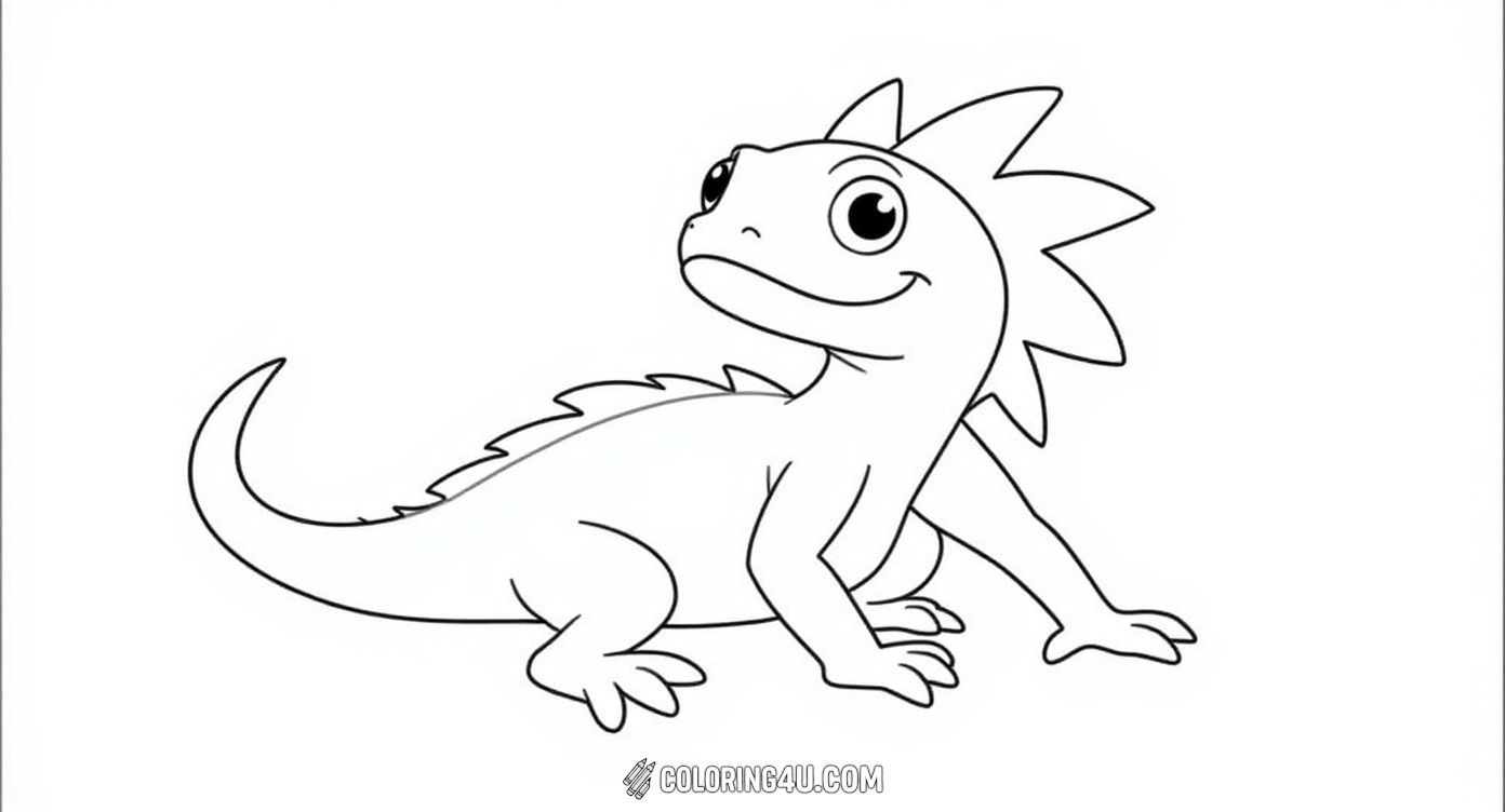 Have fun coloring this adorable and smiling cartoon iguana designed especially for kids! The simple lines and friendly expression make it a perfect coloring page for young children to enjoy and learn about iguanas.