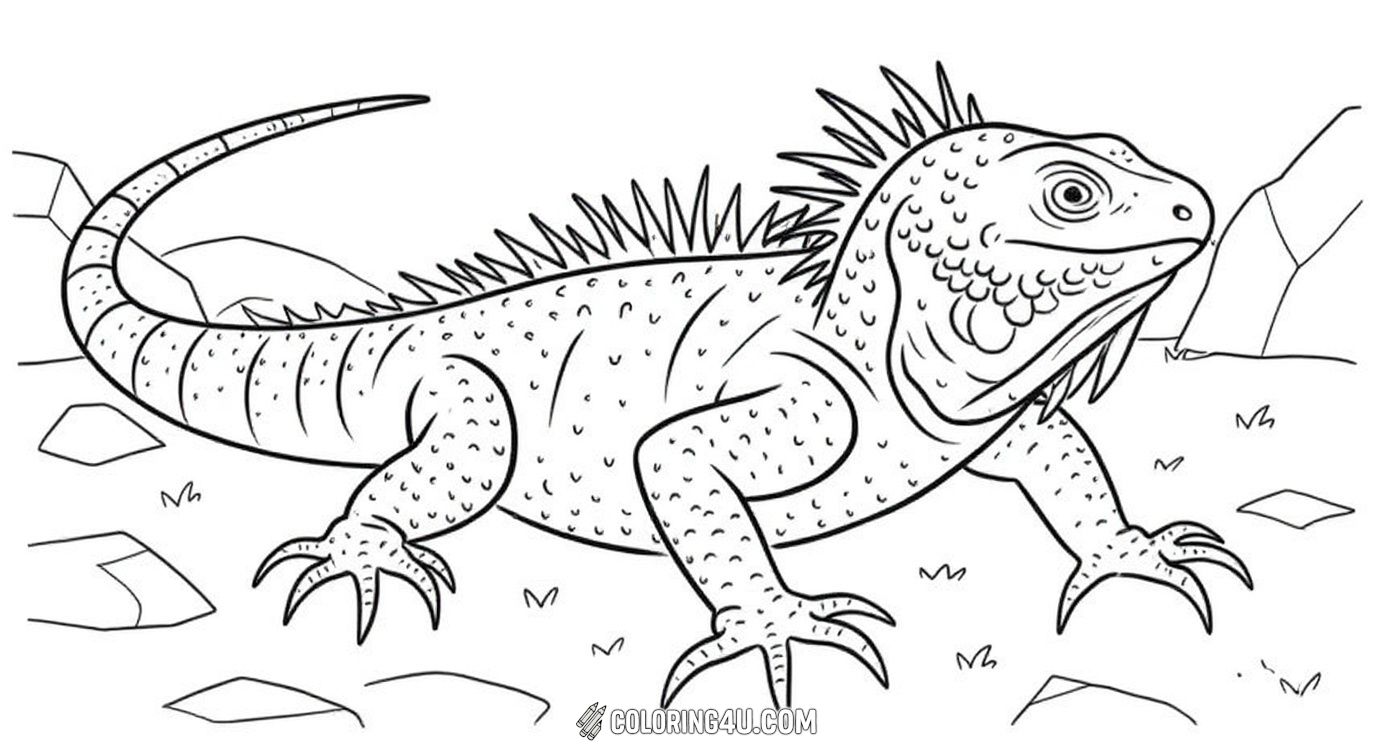 This coloring page features a detailed iguana standing on rocky ground under a sunny sky with clouds. Kids can have fun coloring the iguana's textured skin and the natural outdoor scene with rocks and grass.