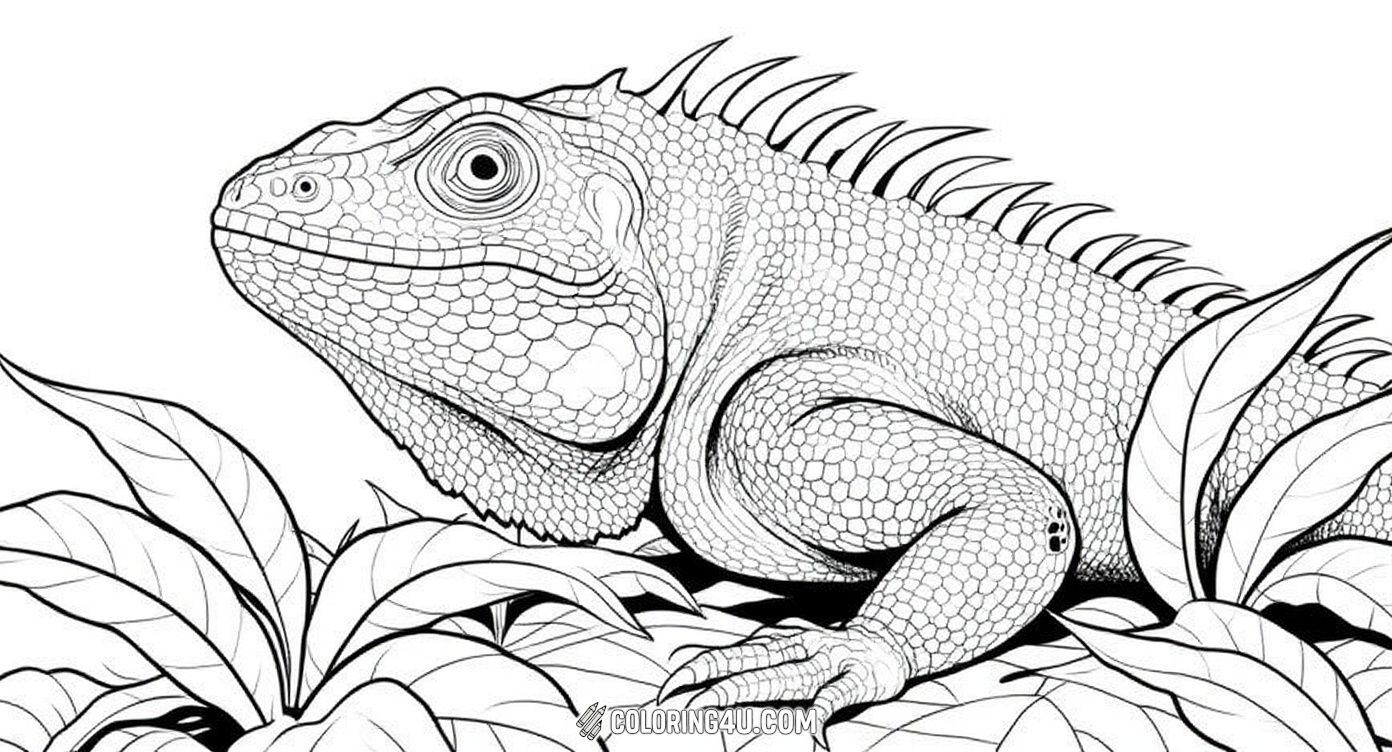 Get ready to color a beautifully detailed and realistic iguana head surrounded by leaves. This intricate coloring page invites kids to explore the textured scales and sharp features of the iguana while imagining the lush natural habitat it lives in.