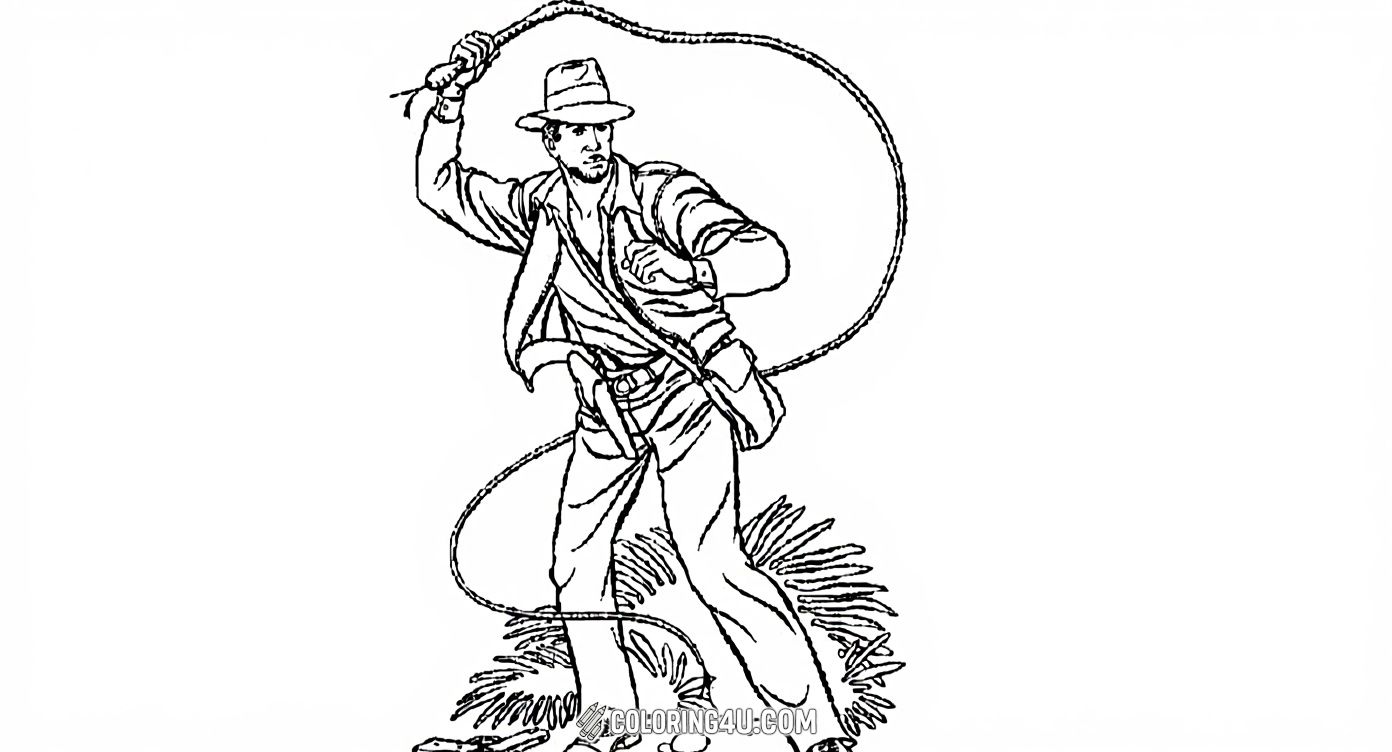 Get ready to color Indiana Jones in an action-packed moment as he swings his famous whip with confidence and courage. Kids can add vibrant colors to his adventurous outfit and the natural background, diving into the thrilling world of this legendary hero!