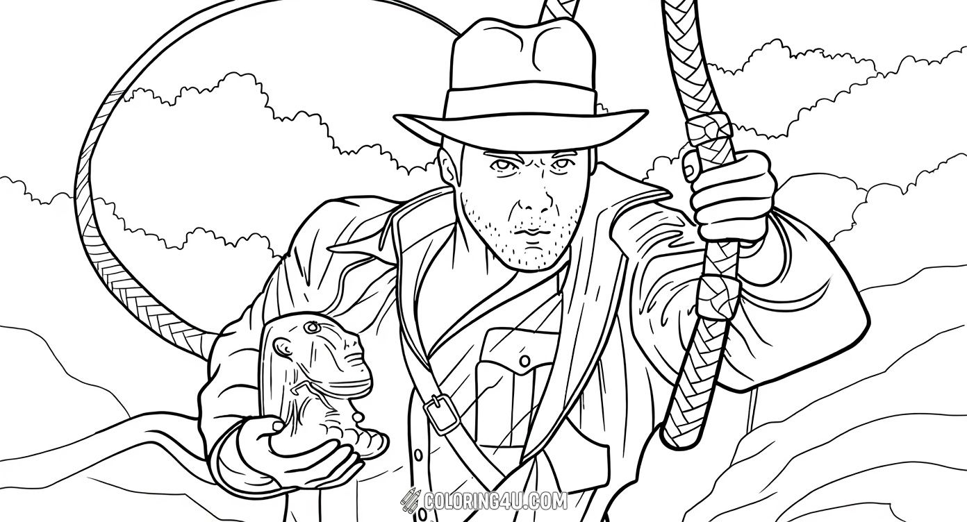 This coloring page features Indiana Jones holding a mysterious ancient bust statue while gripping his trusty whip. Kids can explore their creativity adding color to this scene full of mystery, action, and the excitement of treasure hunting!