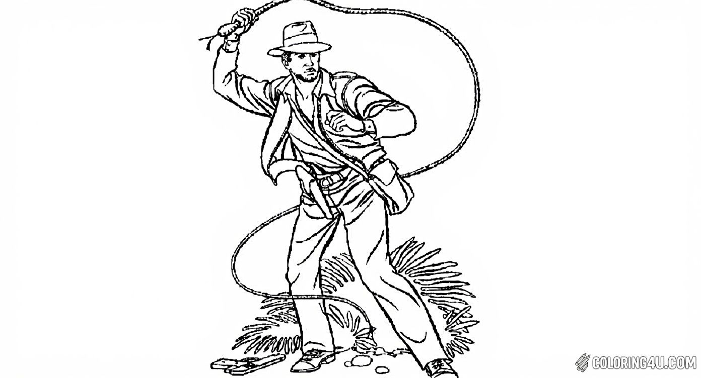 Get ready for action with Indiana Jones as he skillfully swings his famous whip! This exciting coloring page captures the fearless adventurer in motion, surrounded by wild plants and ready for new discoveries. Perfect for kids who dream of exploring ancient secrets and daring escapes!
