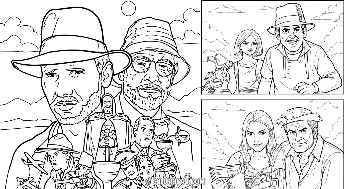 This exciting coloring page shows a collage of Indiana Jones characters and iconic scenes from the adventurous movie series. Kids can have fun coloring famous faces, action moments, and adventurous artifacts, bringing the classic exploration story to life!