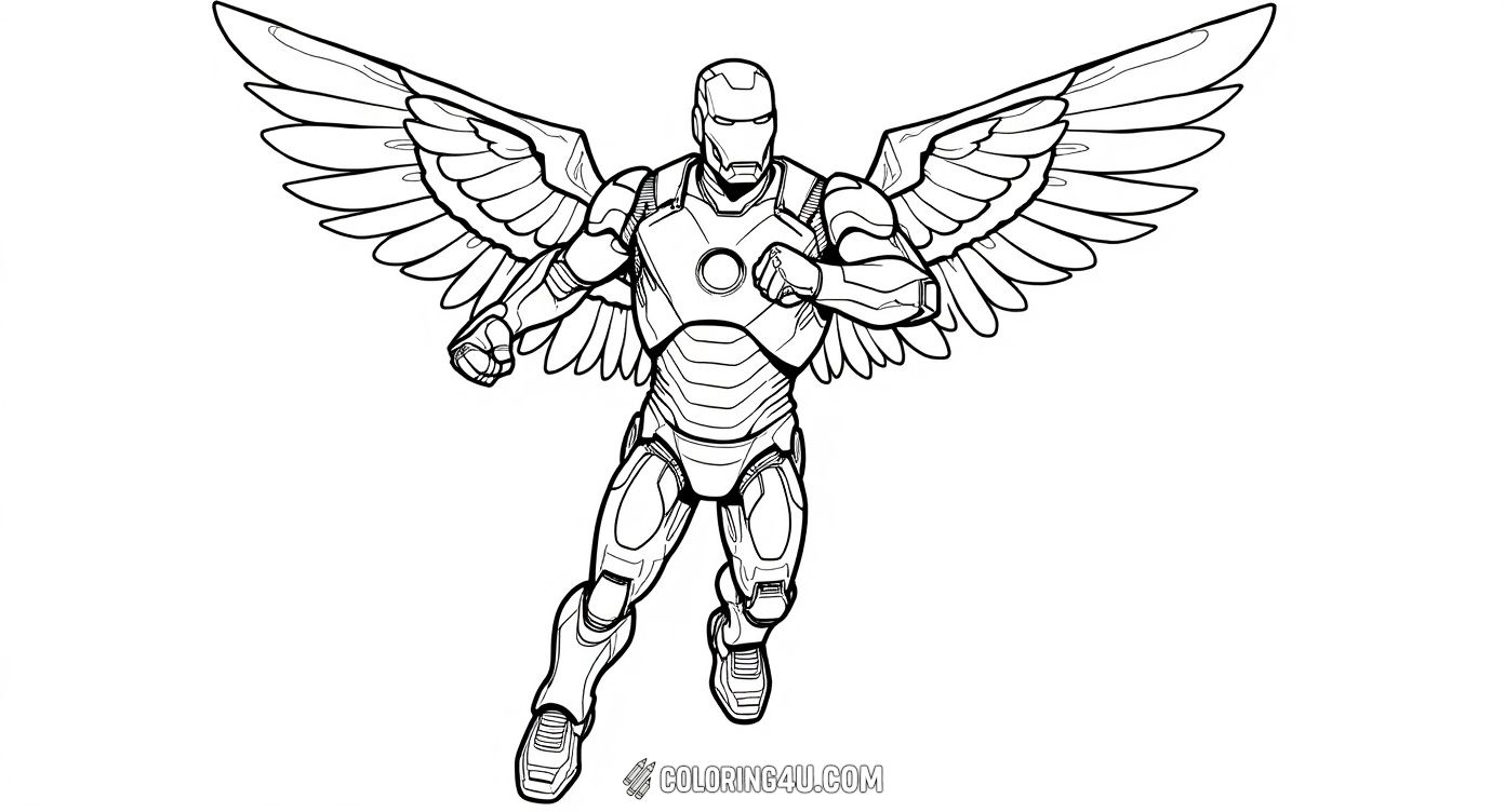This exciting coloring page shows Air Defender Iron Man soaring through the sky with powerful speed, ready to take on any challenge. Kids can have fun adding vibrant colors to the dynamic flying pose and intricate armor details as Iron Man zooms past clouds.