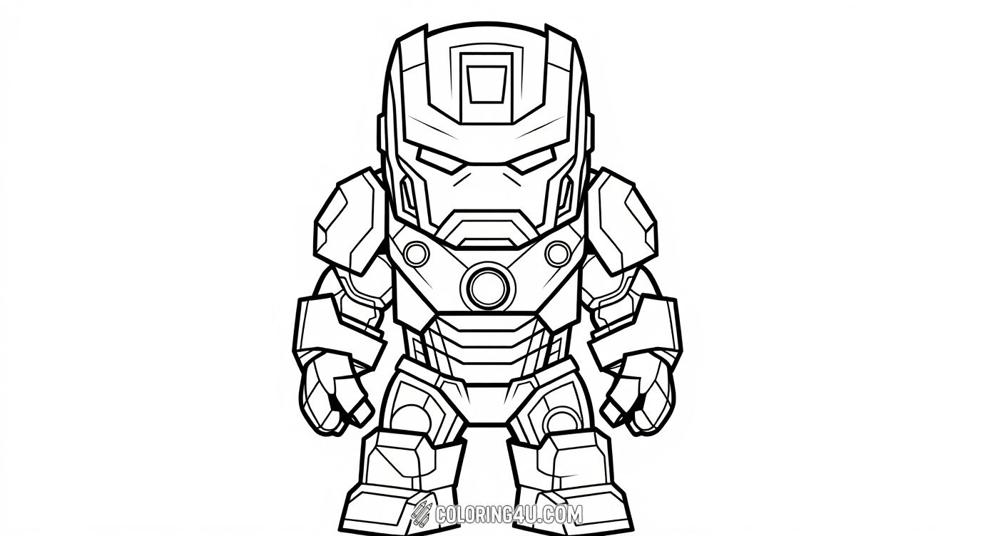 Get ready to color this adorable chibi-style Iron Man! With its chunky, simplified armor and big expressive helmet, this fun drawing is perfect for young kids who love superheroes and want an easy but cool coloring experience.