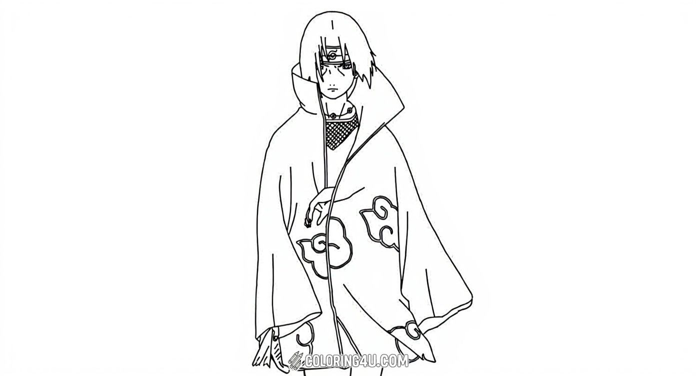 This coloring page features Itachi Uchiha, a mysterious ninja from the Naruto series, standing confidently in his iconic Akatsuki cloak. Kids can have fun coloring his detailed cloak and capturing his serious expression.