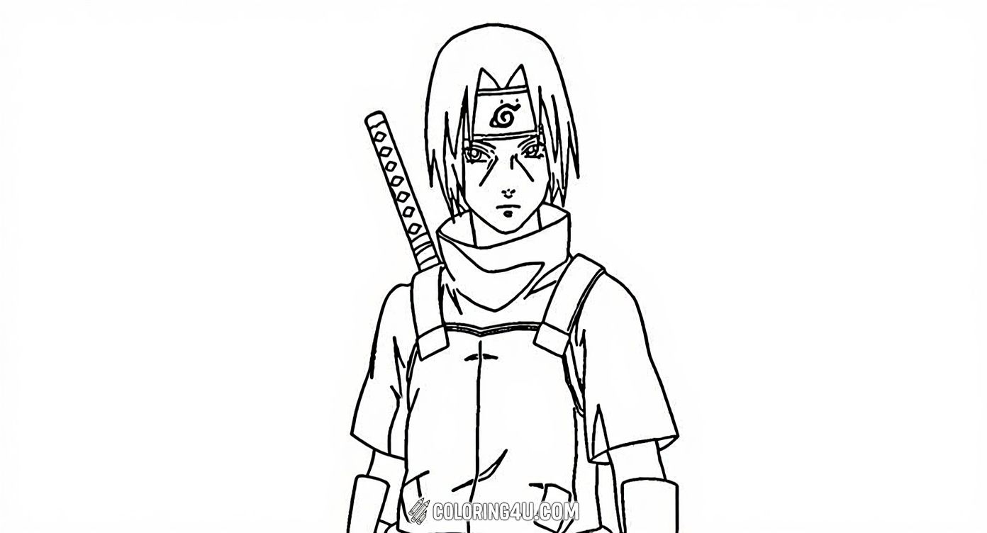 Here we see a young Itachi Uchiha from Naruto dressed in his ninja gear, complete with a headband and sword on his back. Children can enjoy bringing this brave and talented ninja to life with their favorite colors.