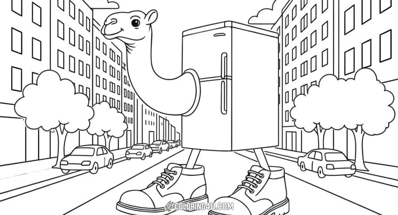 Join this hilarious scene featuring a refrigerator with a long camel neck and big shoes walking through a bustling city street! Kids can enjoy coloring the buildings, cars, trees, and the whimsical fridge-camel hybrid as it strolls confidently, making this page a perfect blend of imagination and urban fun.