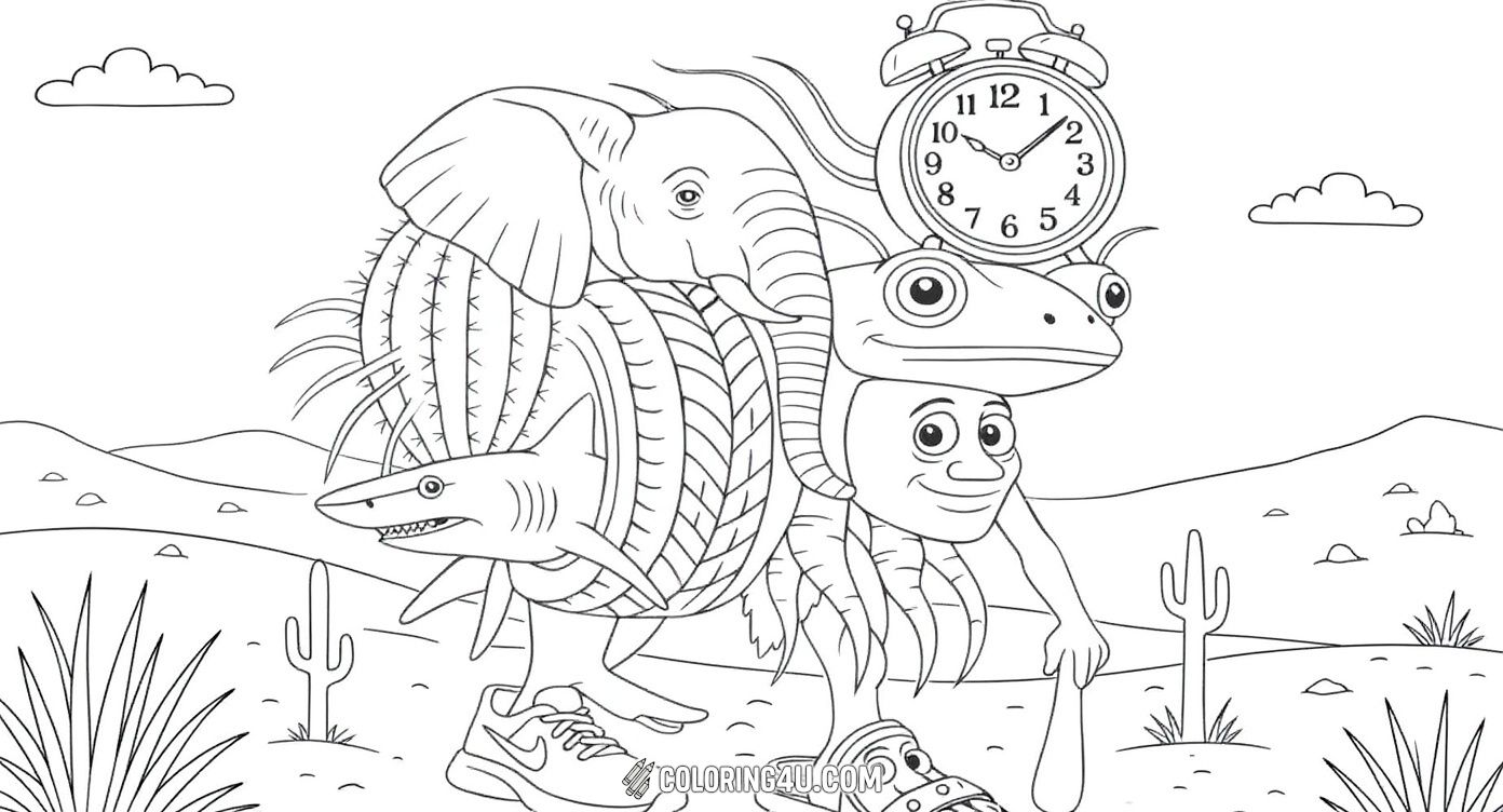 Dive into a wild and whimsical world with this Italian Brainrot coloring page! It shows a unique mix of animals and objects, like a shark, an elephant-cactus hybrid, a clock on a frog's head, and a smiling face with legs and sandals. Set in a desert setting, this page invites kids to explore colors and spark their imagination.