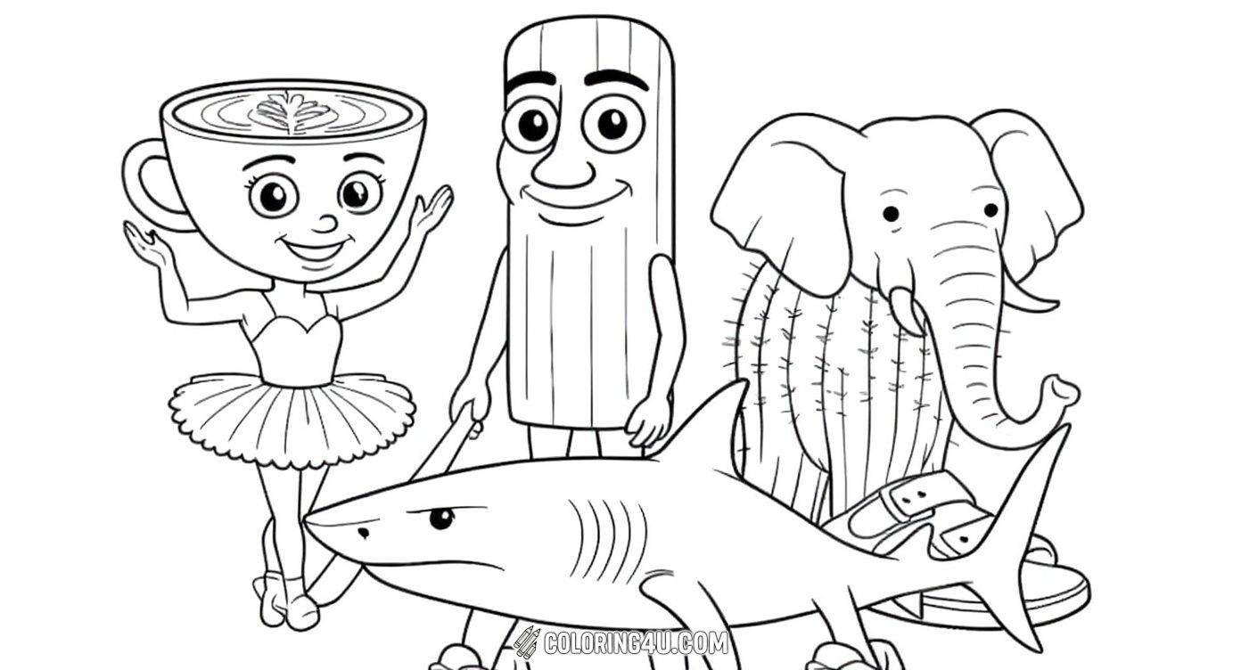 Join the quirky and fun characters in this Italian Brainrot coloring page! Featuring a ballerina coffee cup, a smiling churro, a cactus elephant, and a sneaker-wearing shark, this imaginative scene encourages kids to use their creativity and bring these playful food-inspired friends to life with vibrant colors.