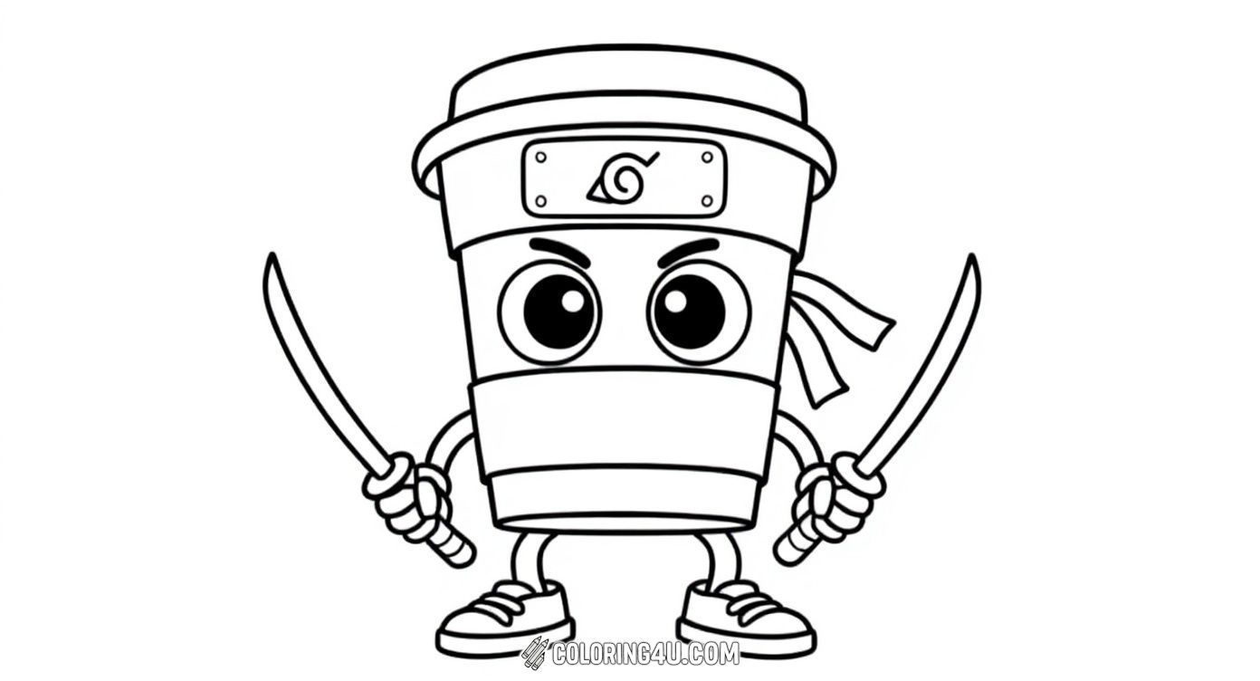Get ready to color this fun and fierce ninja coffee cup! With big expressive eyes, a headband, and holding two swords, this character looks super brave and ready for action. Kids will love bringing this lively coffee cup to life with their favorite colors!