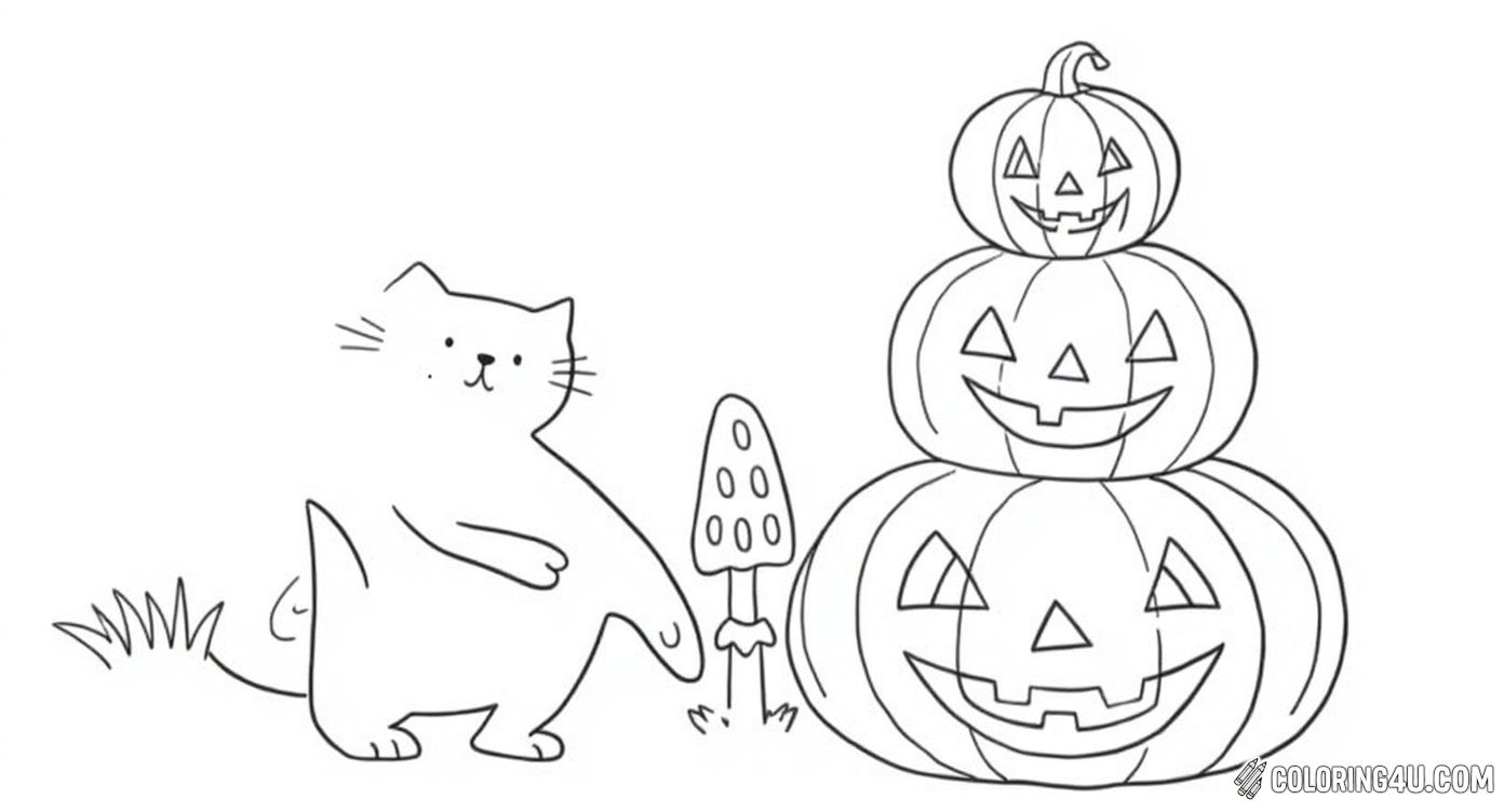 Cute Cat And Stacked Jack O Lanterns