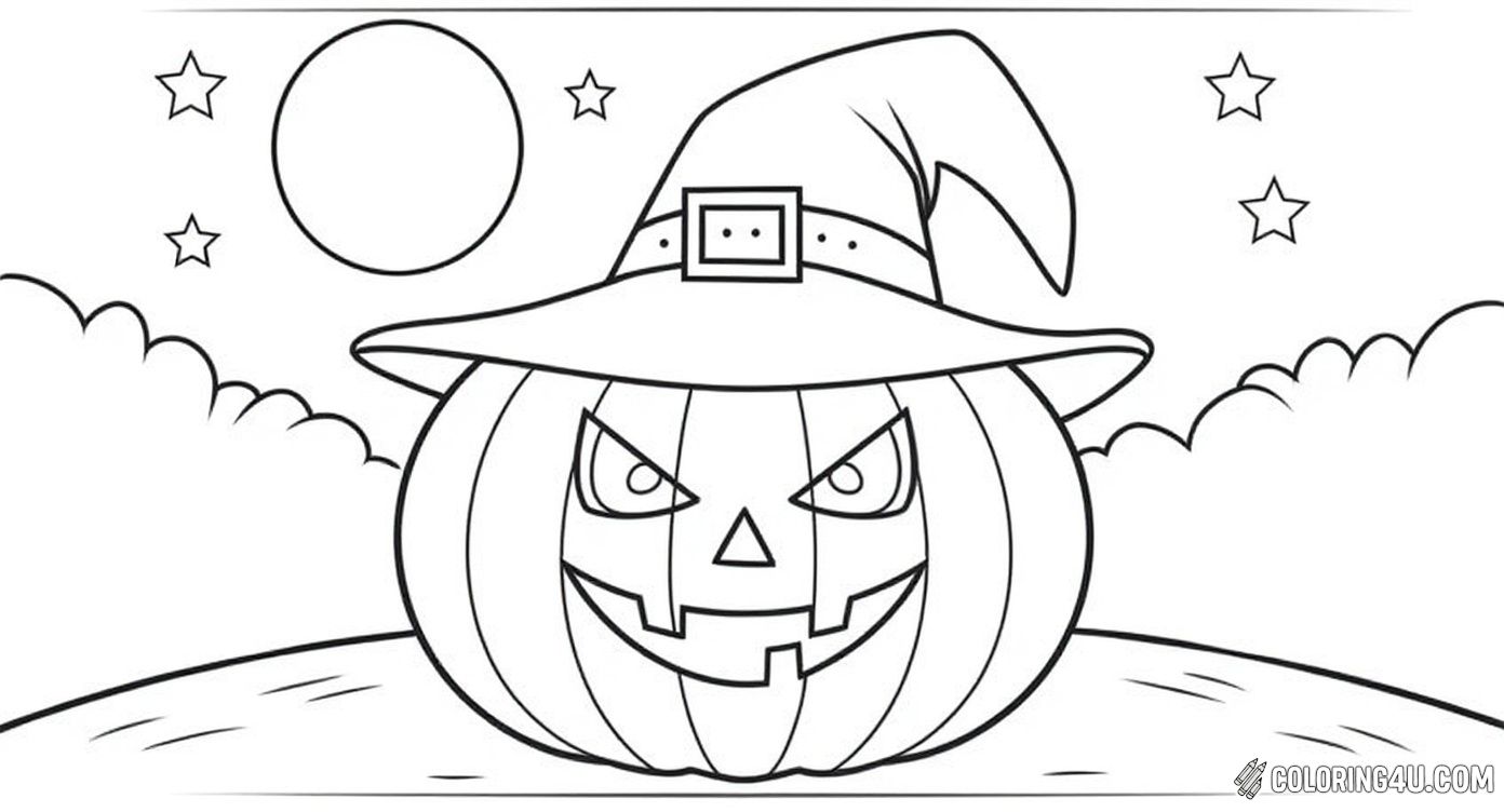 Get ready for Halloween fun with this spooky jack-o-lantern wearing a witch's hat! The pumpkin has an eerie, mischievous grin under a night sky filled with stars and a full moon. Kids will love coloring this magical Halloween scene and adding their own spooky touch.