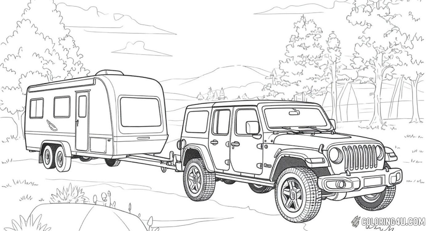 Get ready to color this exciting Adventure Hauler Jeep towing a camper through a beautiful outdoor scene. With trees, hills, and a cloudy sky in the background, this picture invites kids to use their imagination and creativity to bring an off-road adventure to life! [source: Woo Coloring]
