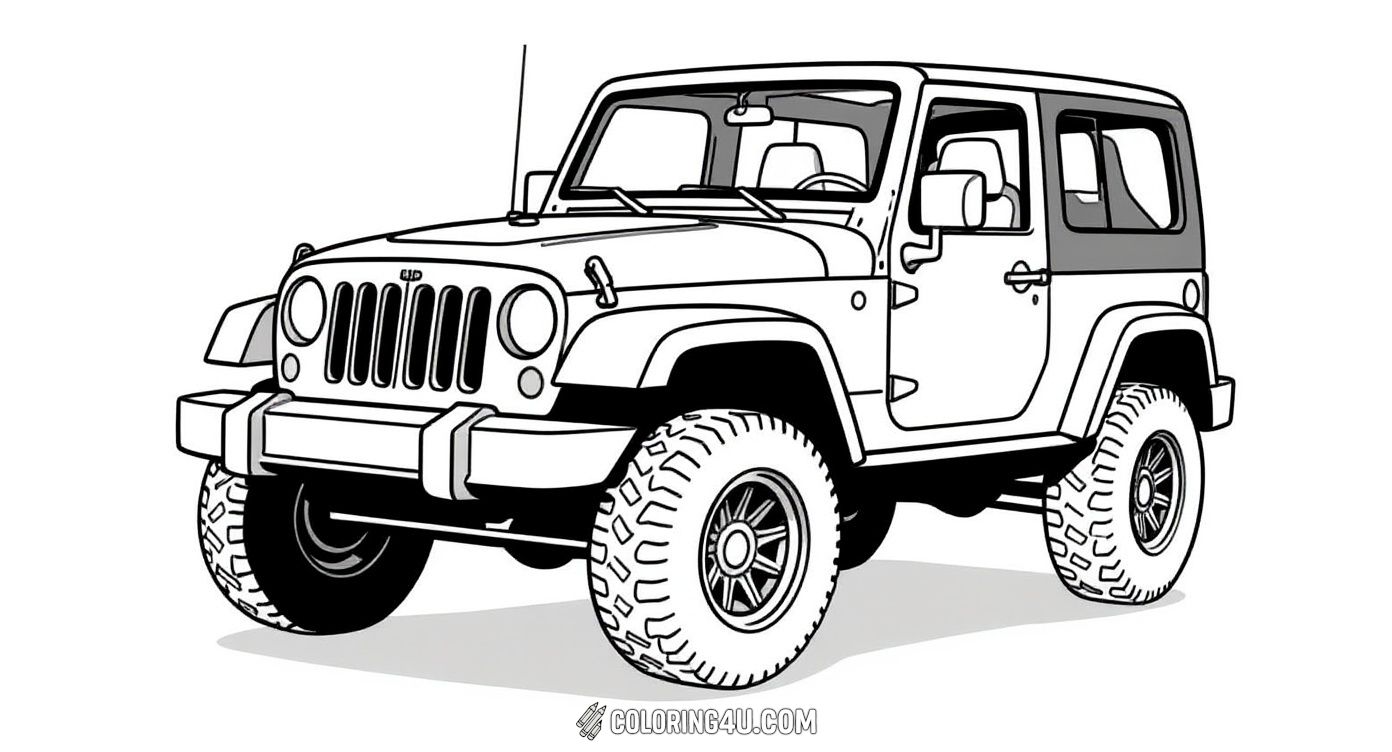 Get ready to bring this classic Jeep Wrangler to life with your favorite colors! This cool coloring page features an offroad Jeep with big tires and a rugged look, perfect for kids who love adventure and exploring the outdoors.