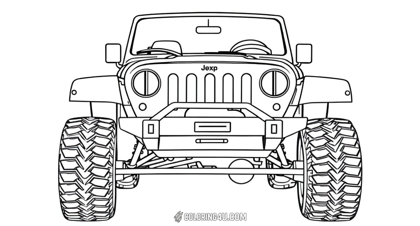 Get ready to color this cool front view of a 4x4 offroad jeep, perfect for adventurous kids who love rugged vehicles with big tires and a strong grill. Bring to life this tough jeep ready to tackle any challenging trails!