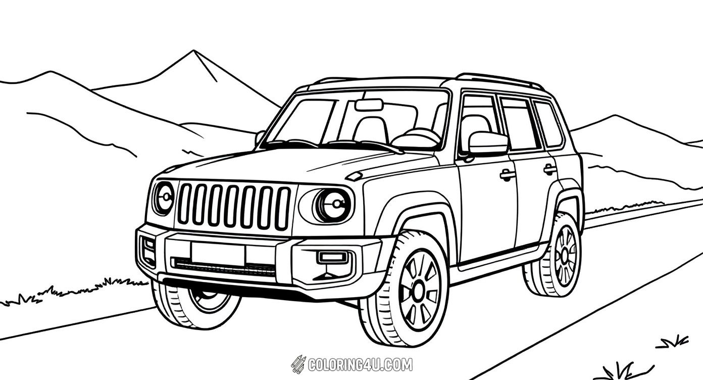 Join the fun by coloring this detailed jeep parked on a mountain road with hills in the background. This picture is perfect for young explorers who love nature and jeeps, inspiring imagination and creativity in the great outdoors.
