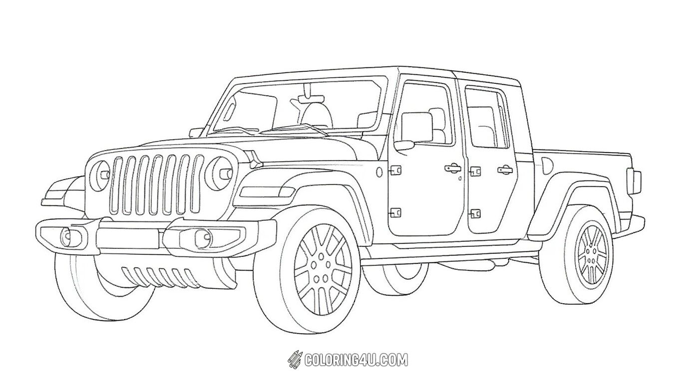 Bring color to this sleek Jeep Gladiator pickup truck with its strong, sturdy design and spacious cabin. This coloring page is perfect for kids who dream of driving tough vehicles and love trucks that can handle any terrain in style.