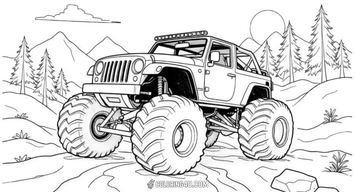 Color your way up a rocky mountain trail with this powerful monster truck Jeep! Featuring oversized tires and a rugged landscape with pine trees, mountains, and a cozy cabin in the background, this coloring page is perfect for kids who enjoy imagining thrilling off-road journeys in the great outdoors.