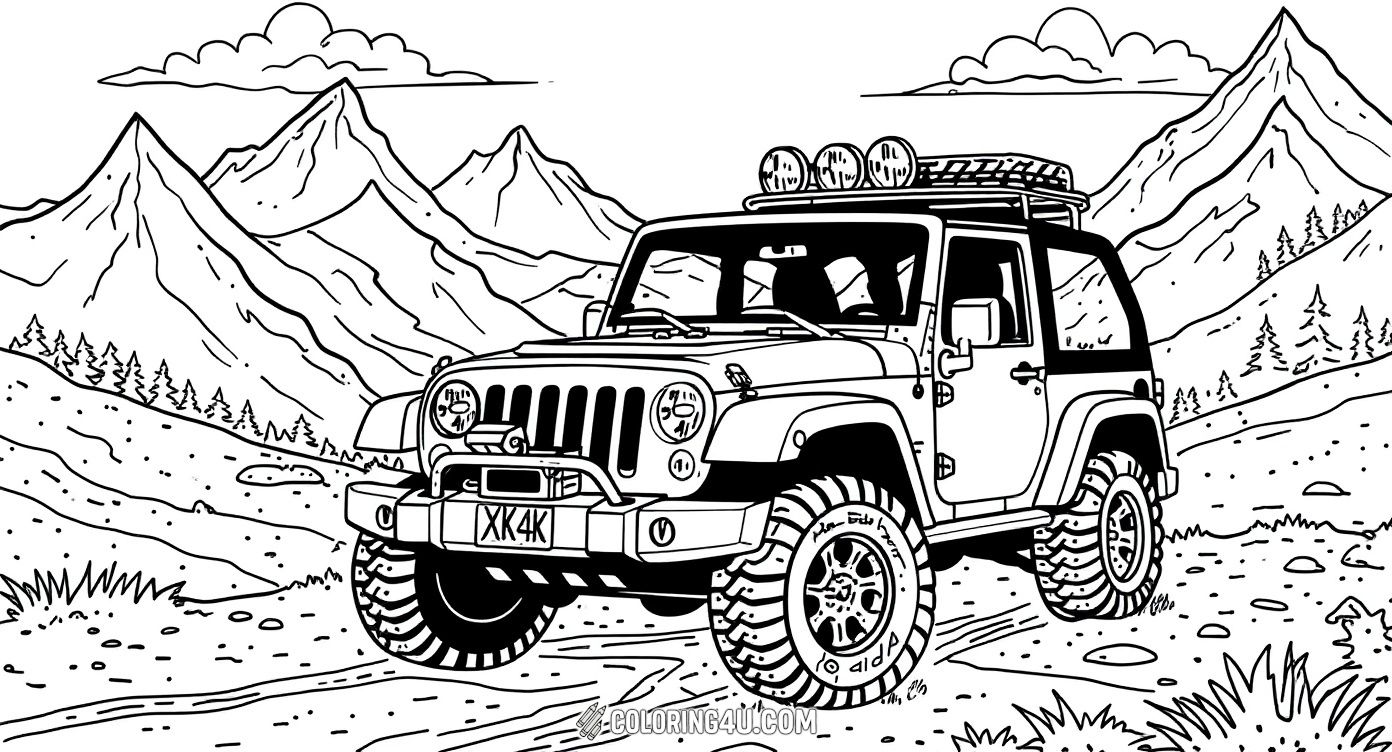 Explore wild mountain trails with this bold off-road Jeep coloring page. Surrounded by majestic peaks, boulders, and detailed terrain, this image encourages kids to unleash their creativity as they add vibrant colors to this tough Jeep ready to conquer the rugged countryside.