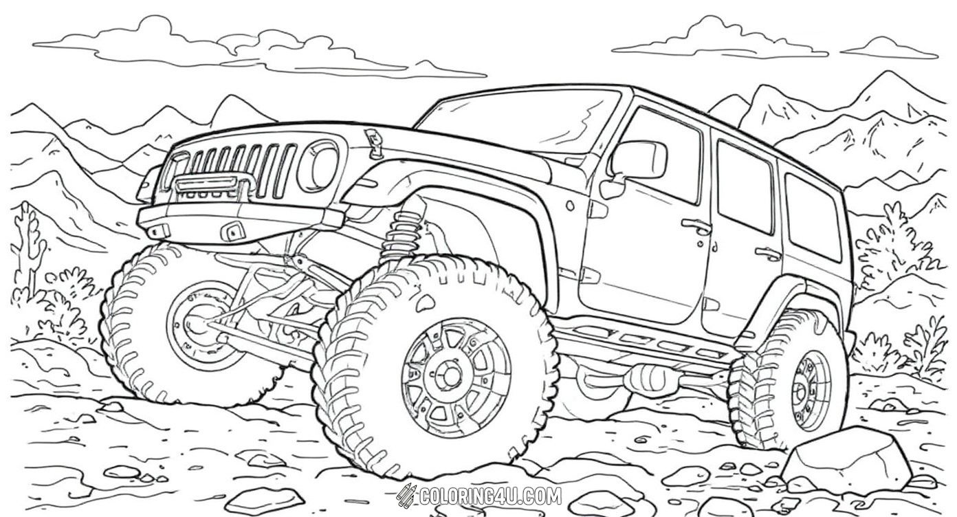 Color this exciting scene of a Teraflex jeep climbing a rocky trail in the forest, full of nature and adventure. Kids will enjoy bringing this dynamic offroad vehicle to life as it conquers rocks and trees on a fun outdoor journey.