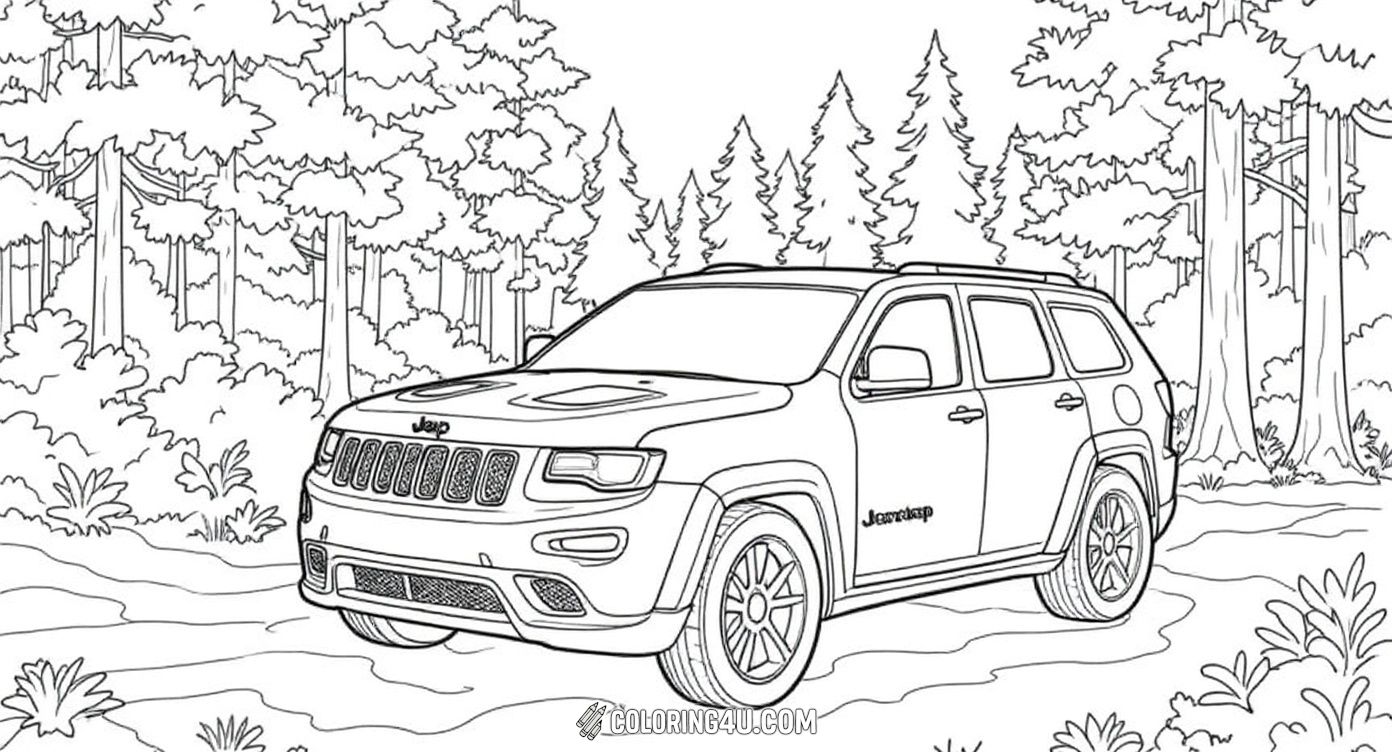 Dive into the wilderness with this Woodland Grand Cherokee coloring page! This detailed scene shows the Jeep driving through a beautiful forest trail surrounded by tall trees, inviting kids to explore nature and have fun coloring this exciting adventure.