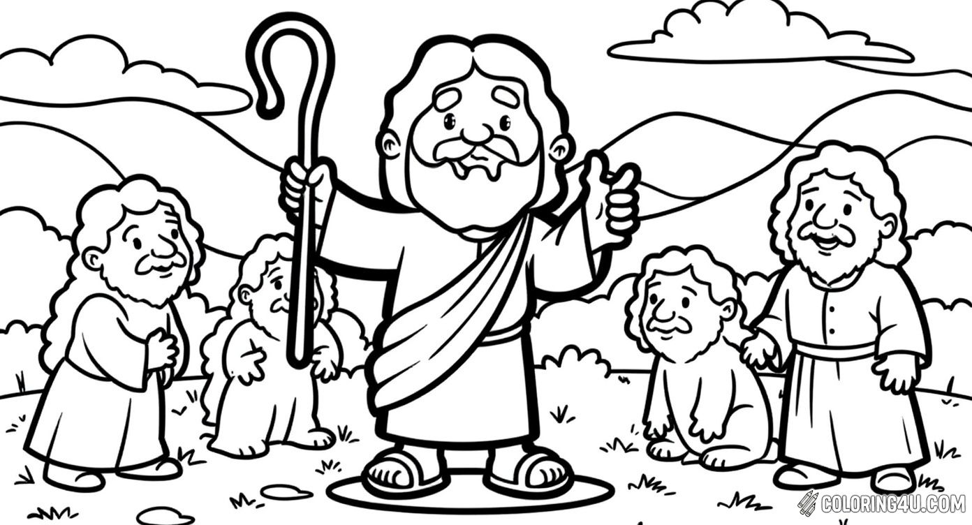 This fun and friendly coloring page features a cheerful Jesus holding a shepherd's staff and waving hello. With a peaceful outdoor background of hills and trees, kids will enjoy adding color to this warm and welcoming scene, perfect for learning about Jesus as the good shepherd.