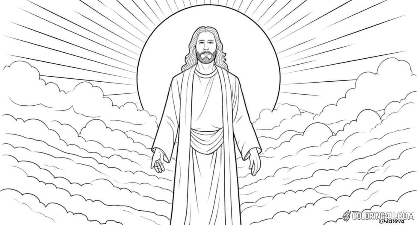 This beautiful coloring page shows Jesus standing among clouds with a bright sun shining behind him. Kids can color the rays of sunlight and serene clouds while learning about the joyous moment of Jesus' resurrection, inviting them to bring this inspiring scene to life with their favorite colors.