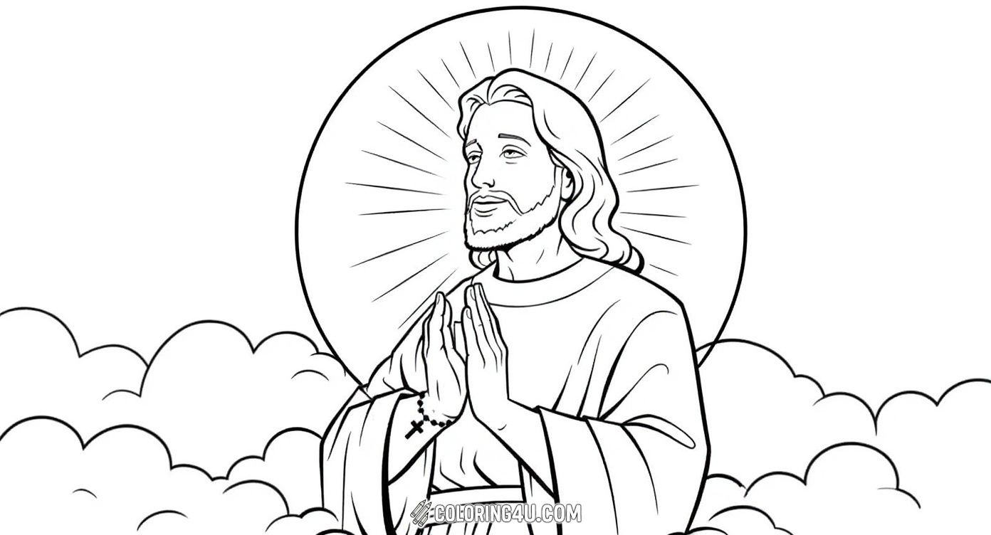This coloring page shows a peaceful image of Jesus praying with a glowing halo behind Him. Kids can enjoy bringing this serene scene to life with colors while learning about the power of prayer and faith.