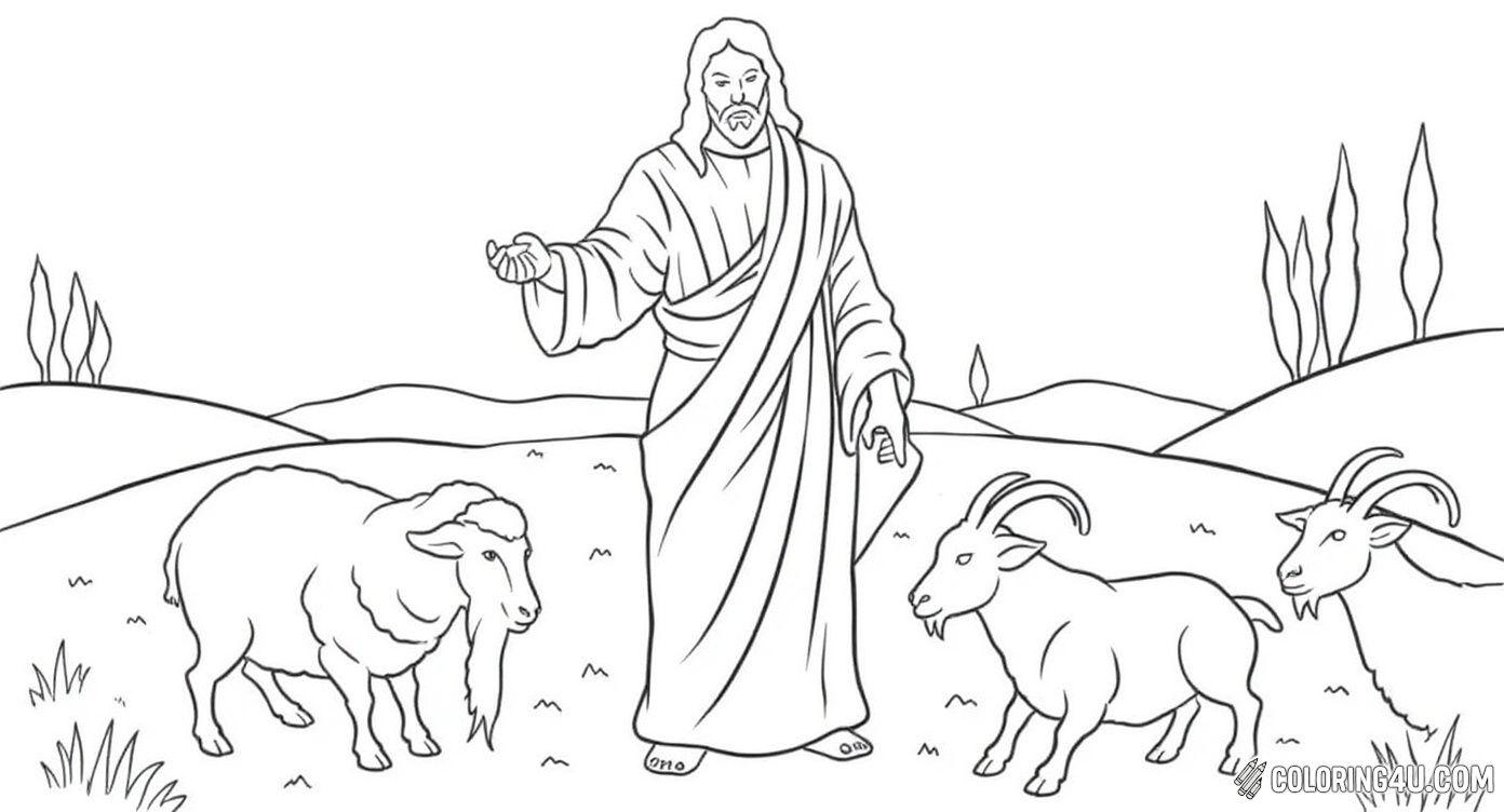 In this engaging coloring page, Jesus is shown with a shepherd’s staff, separating sheep from goats in a peaceful countryside setting. Kids can color this meaningful moment from Matthew 25:31-46, as they learn about kindness and making good choices, while bringing the animals and landscape to life.