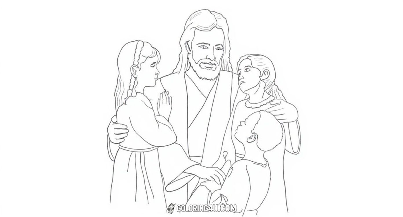 This heartwarming coloring page features Jesus kindly embracing and interacting with children of diverse backgrounds. It invites kids to color and celebrate themes of love, kindness, and friendship inspired by Jesus' teachings.