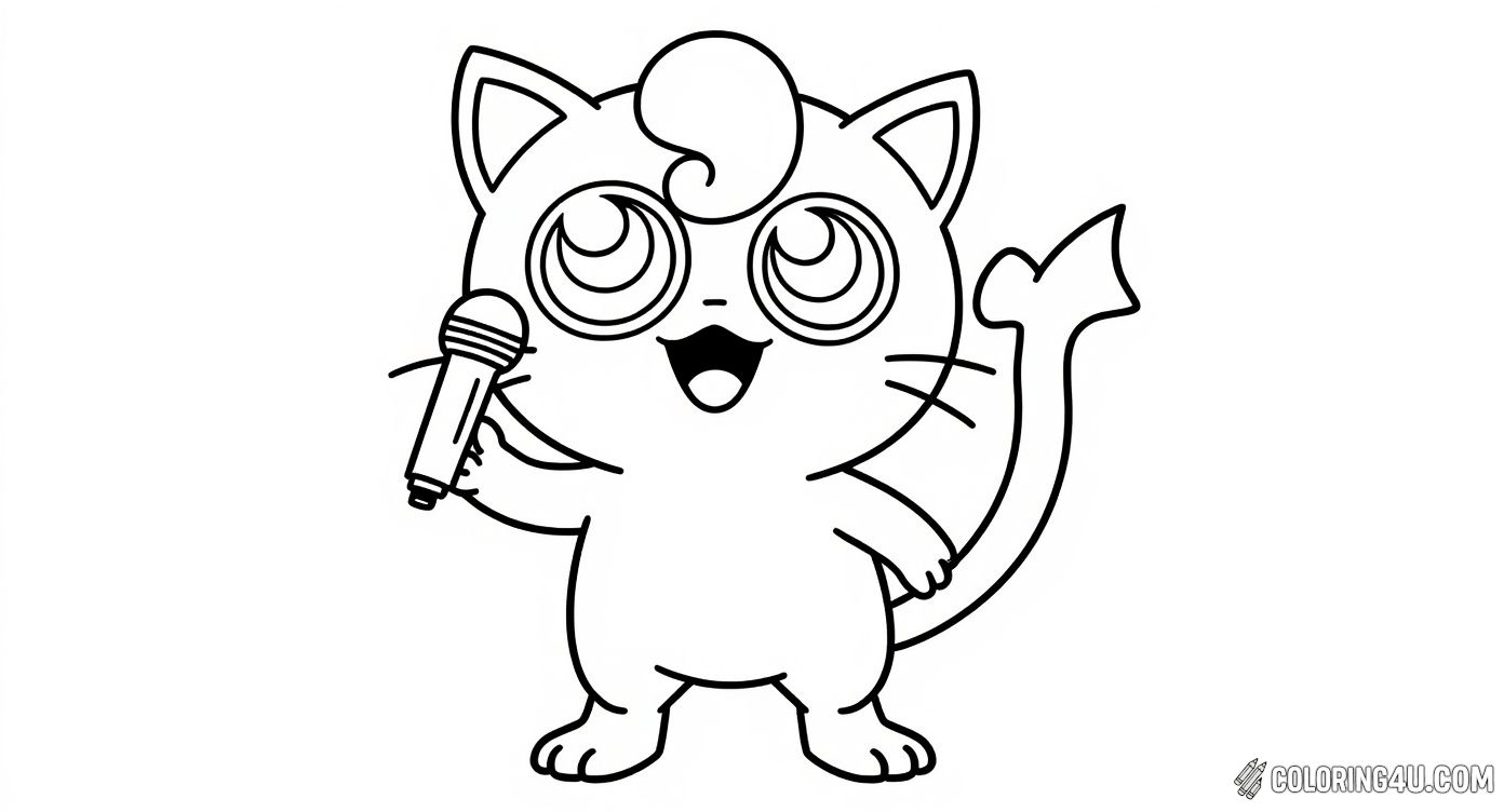 Get ready to bring music to life with Jigglypuff, the cute Pokémon known for its mesmerizing singing ability. This delightful coloring page shows Jigglypuff holding a microphone and singing happily, surrounded by floating musical notes. Kids will love coloring this scene full of joy and melody.
