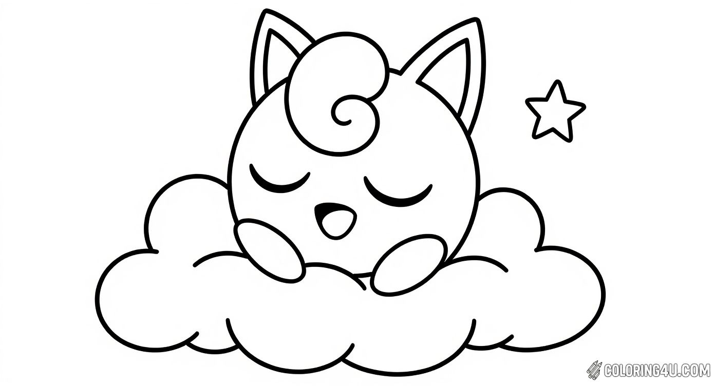 Unwind and color a peaceful moment featuring Jigglypuff gently dozing off on a fluffy cloud surrounded by twinkling stars. This calming coloring page captures the sweet and serene side of this favorite Pokémon, making it an ideal activity for kids to relax and get creative with soft colors.